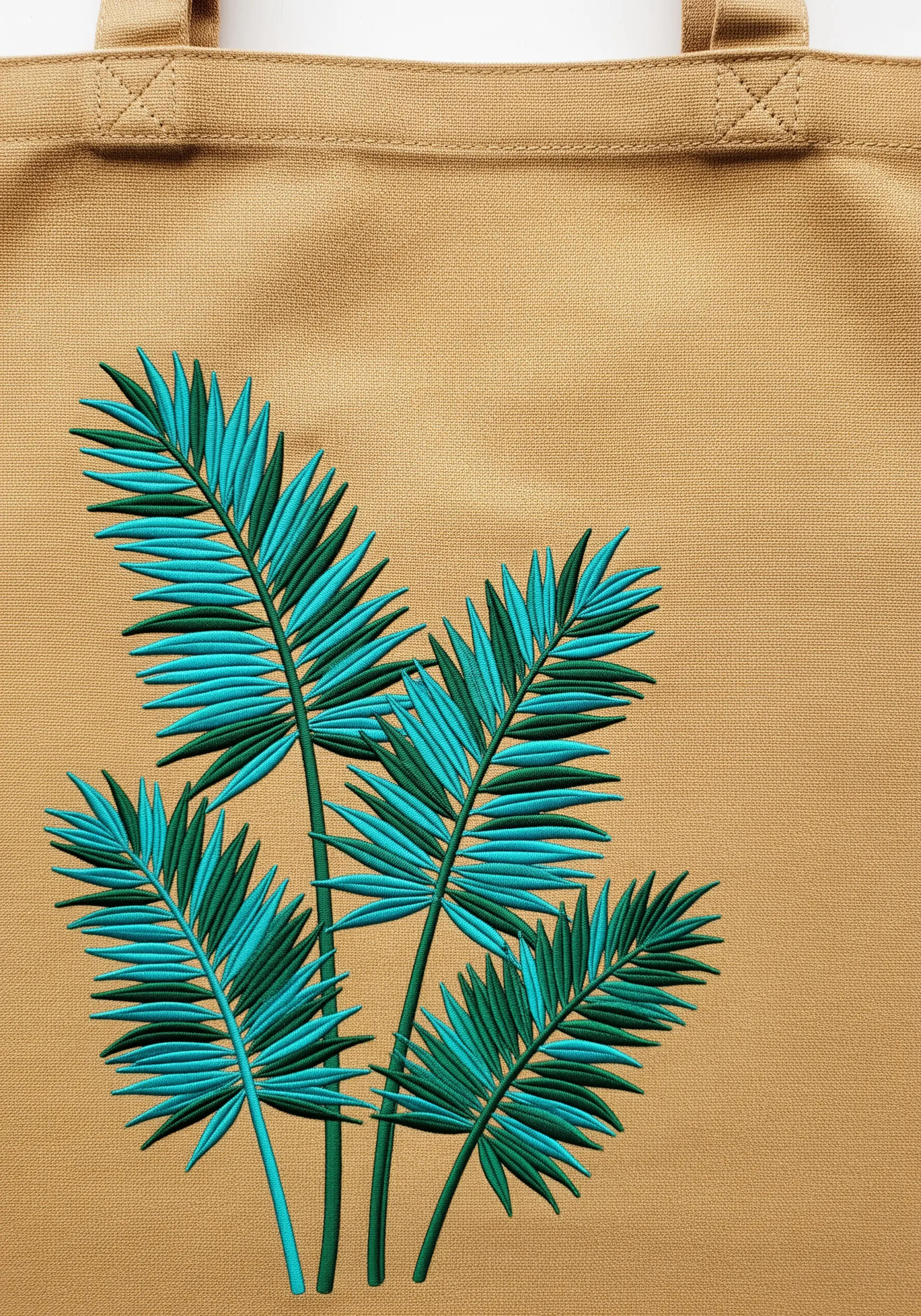 Bold teal and dark green embroidered palm fronds on a mustard-colored tote bag.