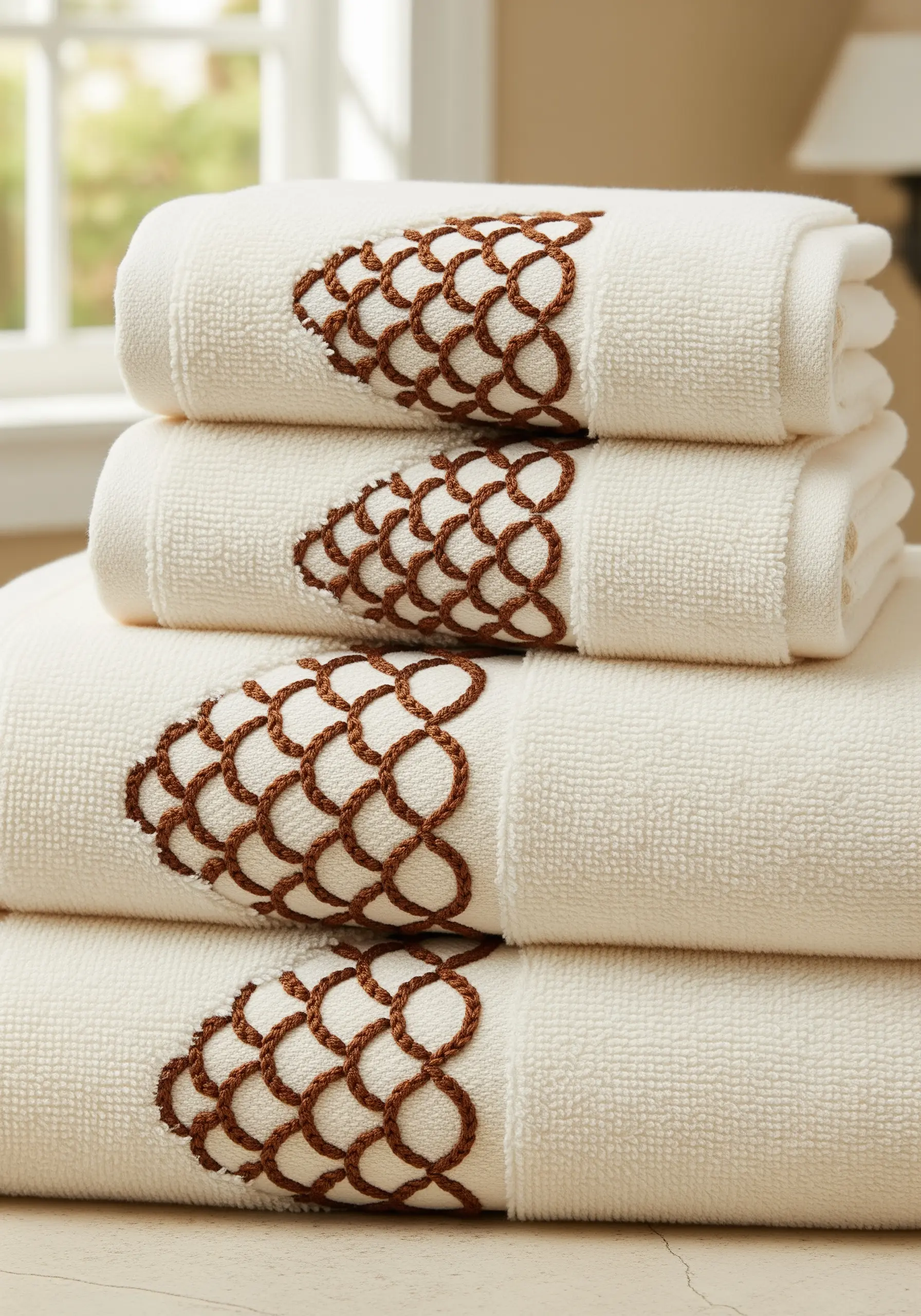 Stacked white towels with a bold, brown embroidered pinecone pattern.