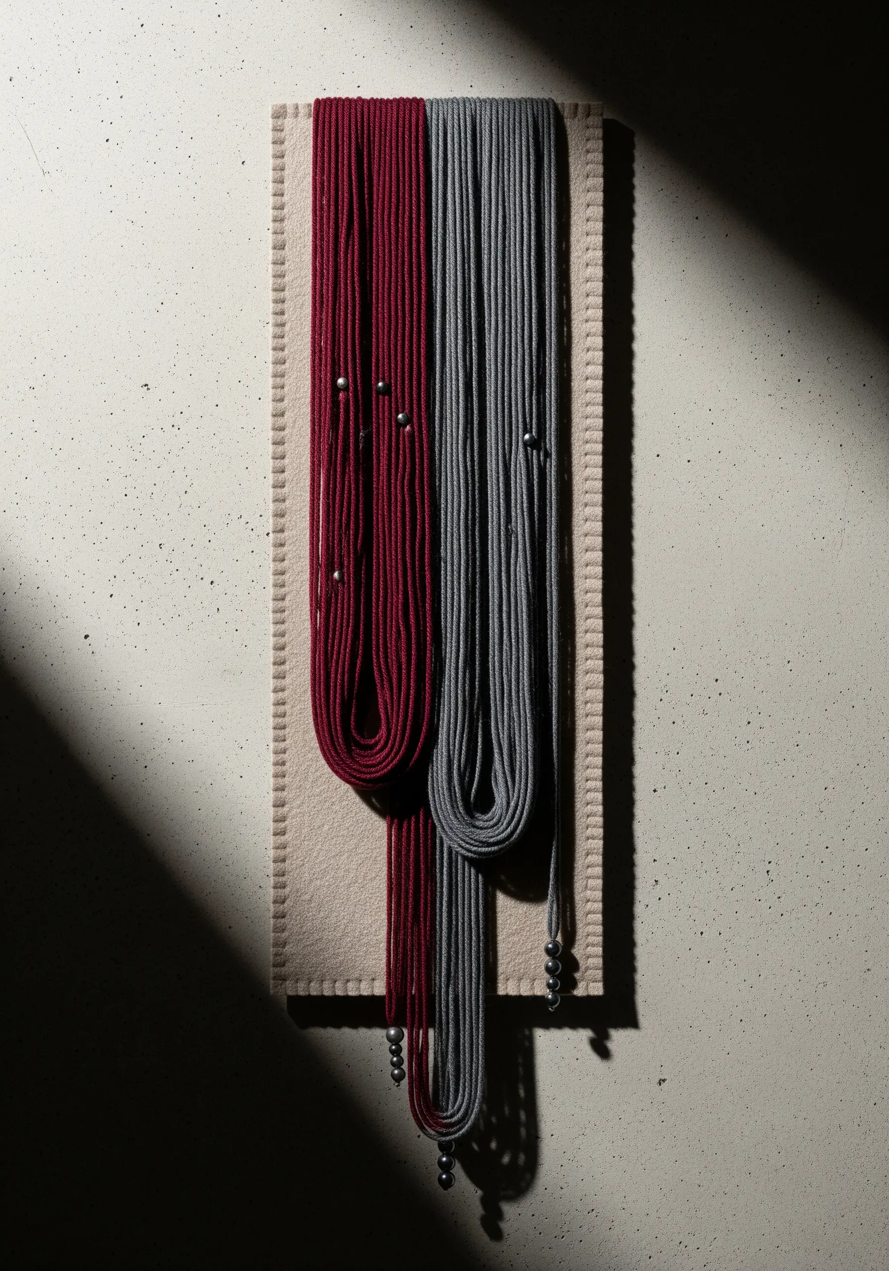 Minimalist fiber art with heavy red and gray cords draped against a neutral felt panel.