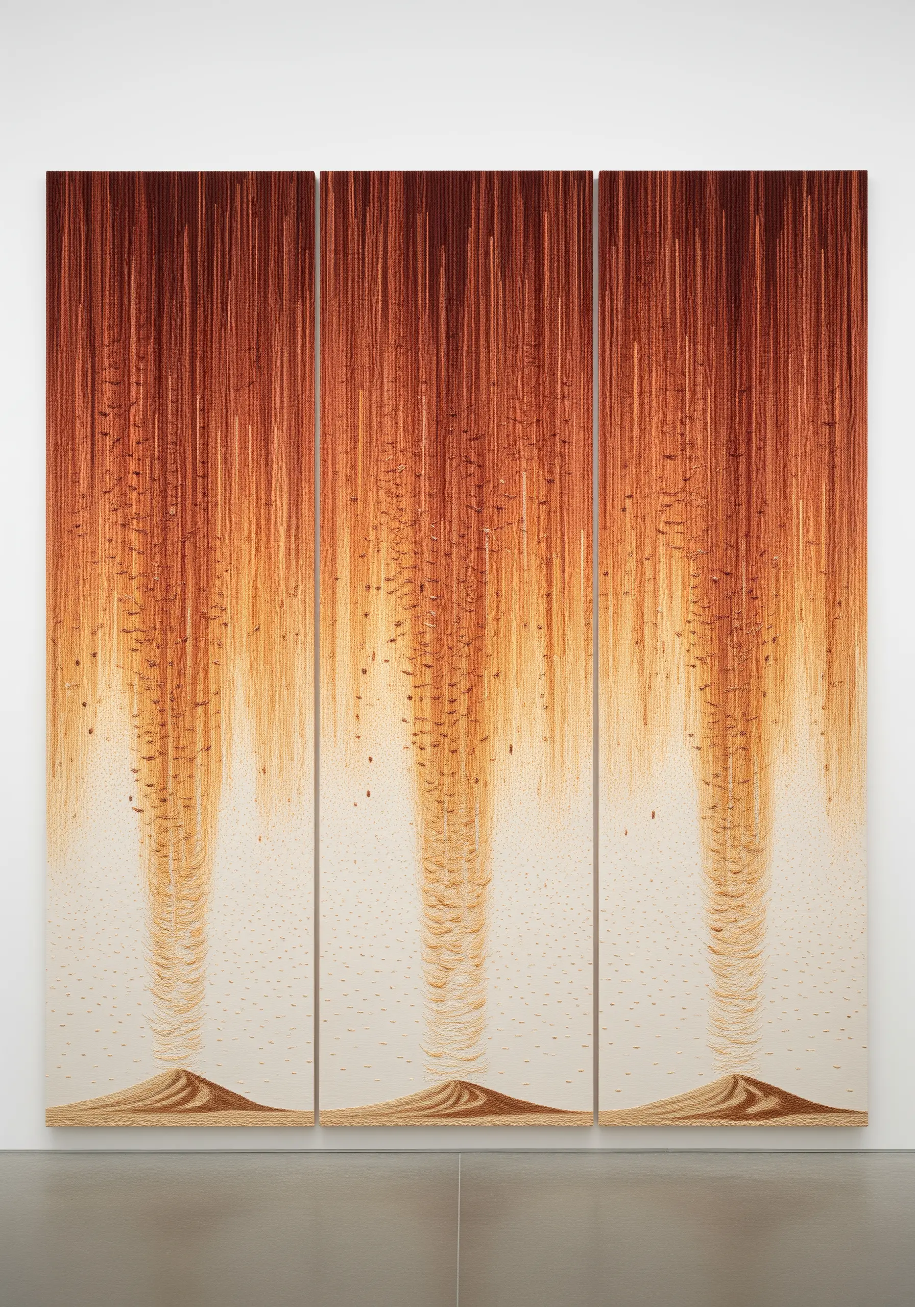 A large triptych of abstract embroidery showing particles falling in a gradient from orange to white.