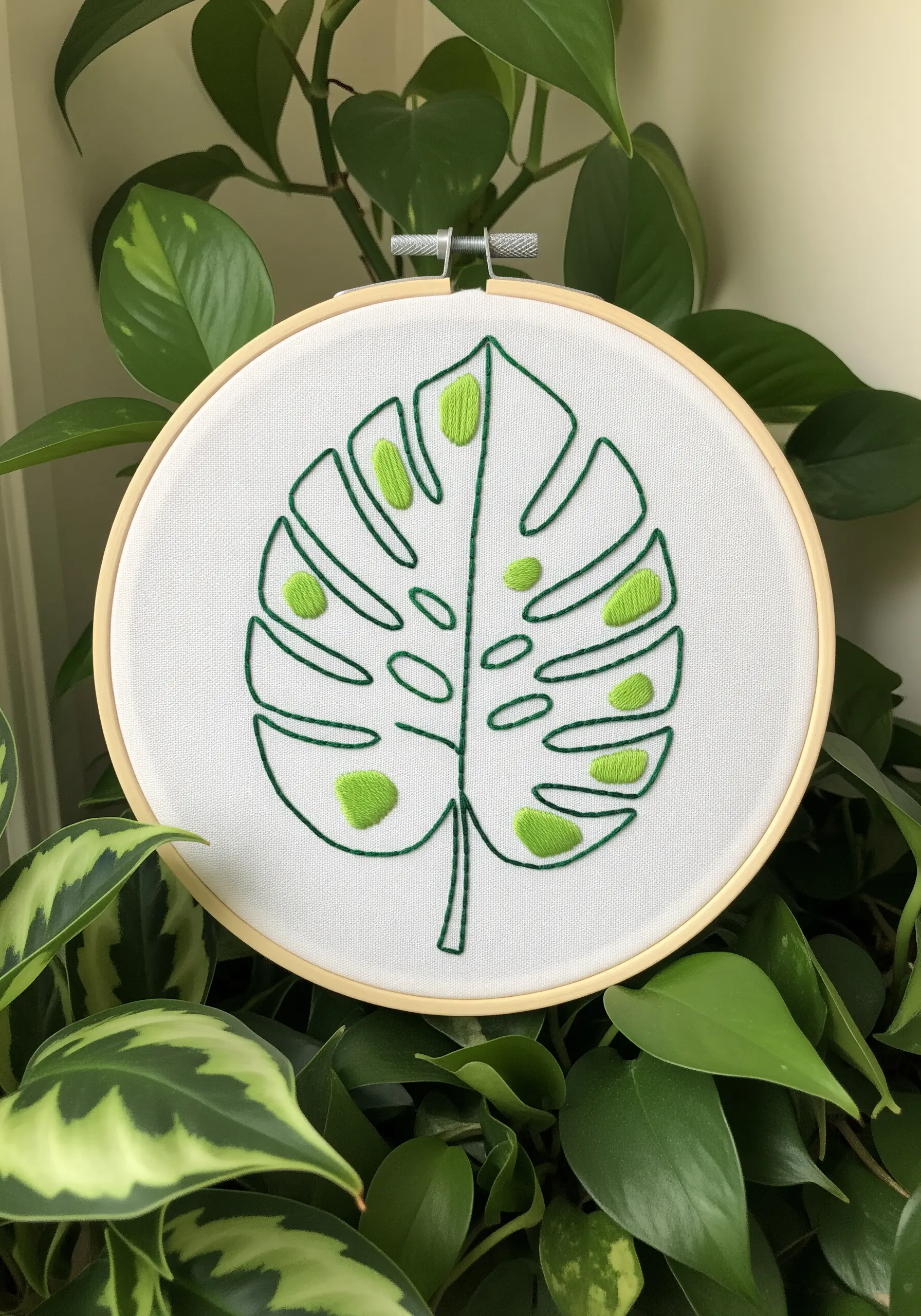Monstera leaf embroidery outline with solid green satin stitch spots