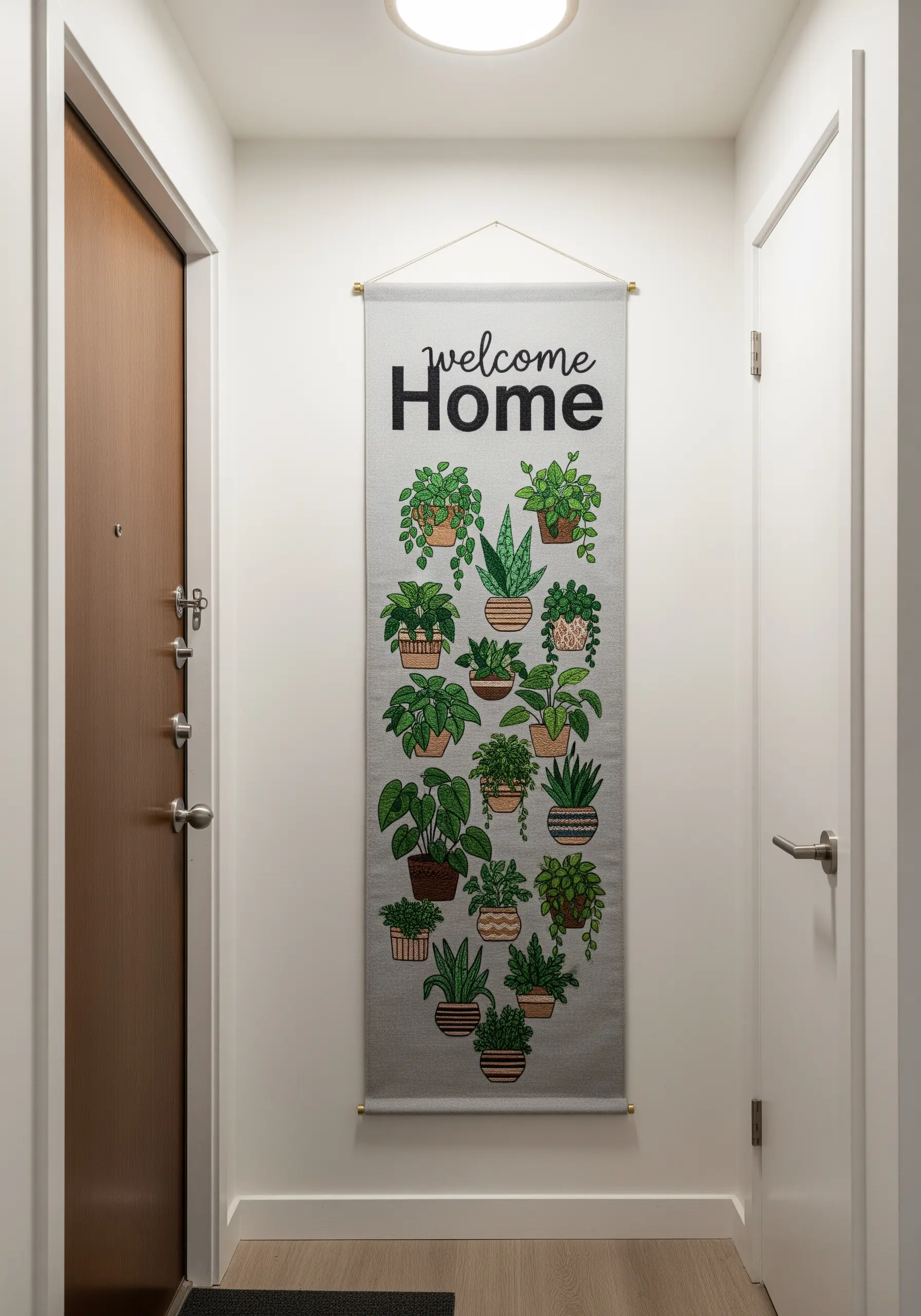 A tall entryway banner that says 'Welcome Home' and is decorated with many small embroidered houseplants.