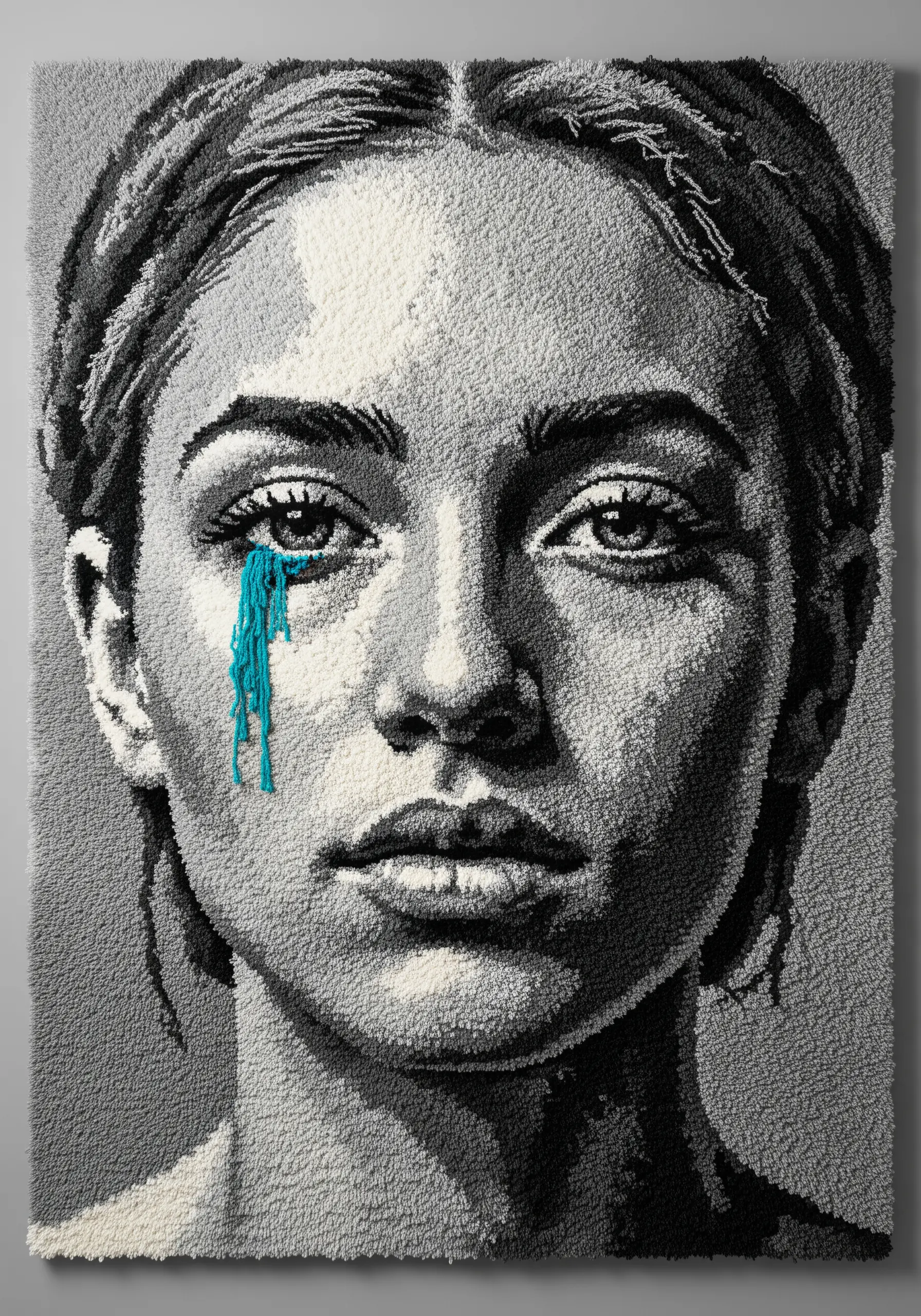 Tufted grey-scale portrait of a woman with a single blue tufted tear