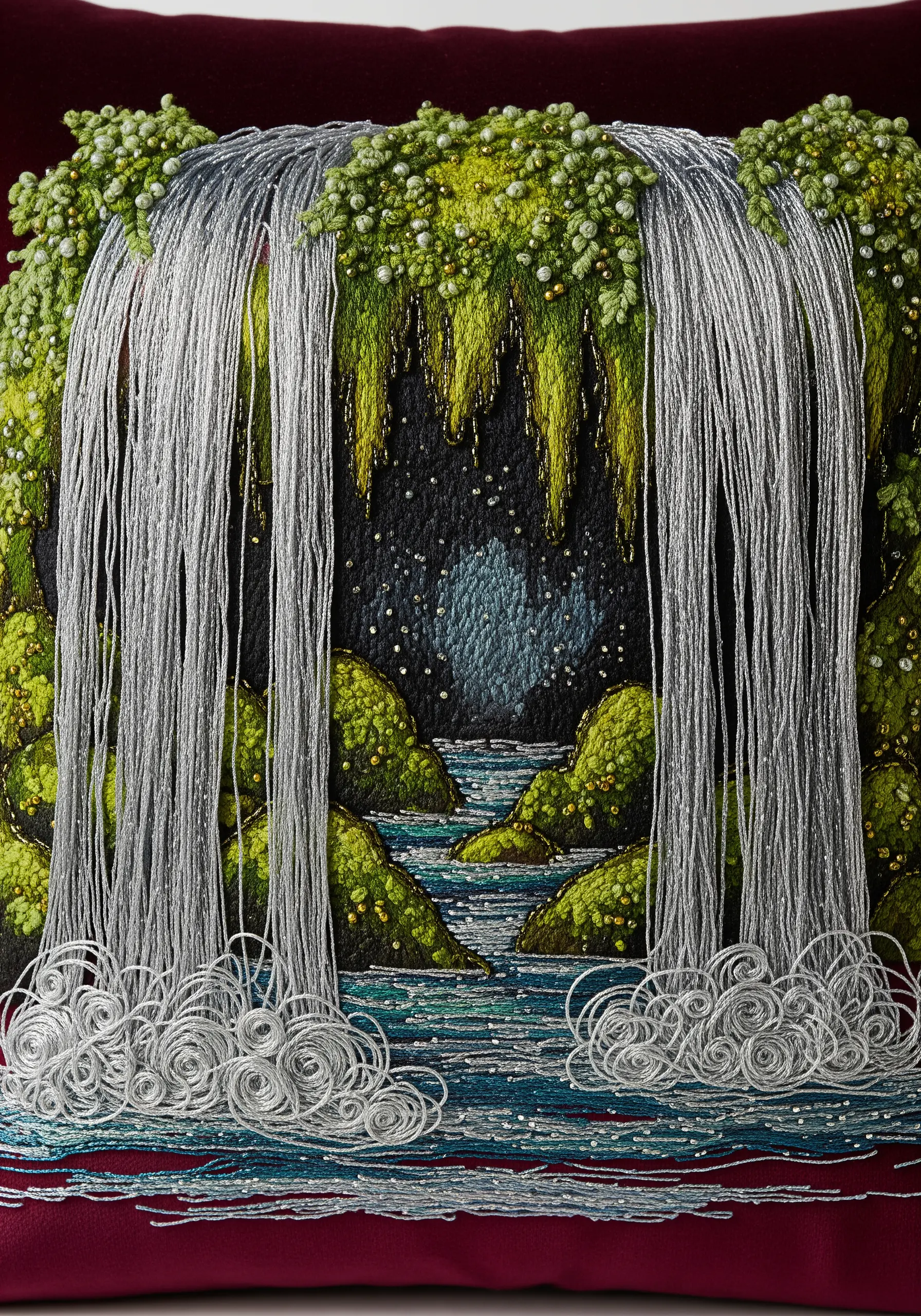 An intricate embroidered waterfall inside a grotto, with sparkling threads and 3D moss.