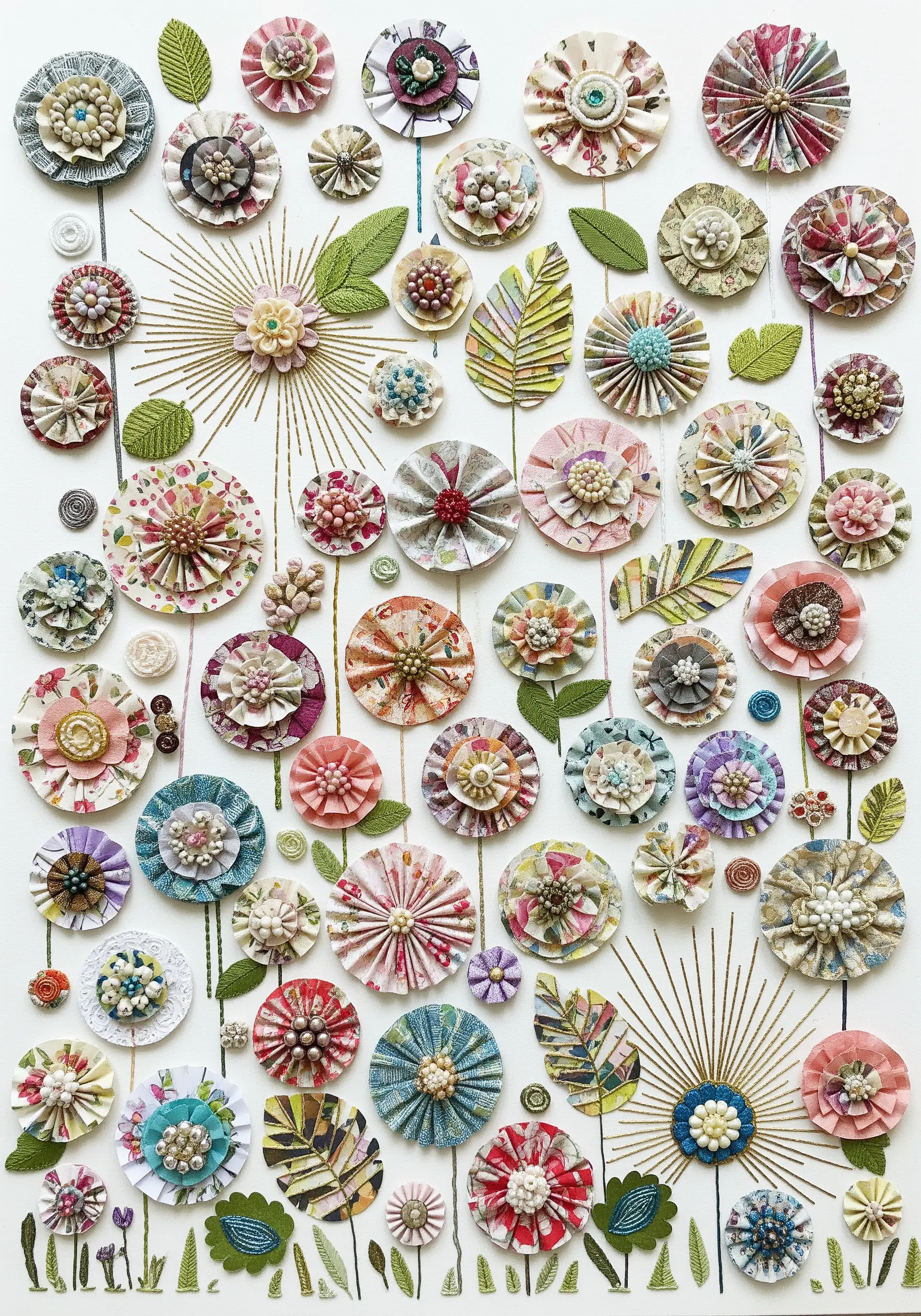 A garden of 3D paper flowers with embroidered green stems and leaves connecting them.
