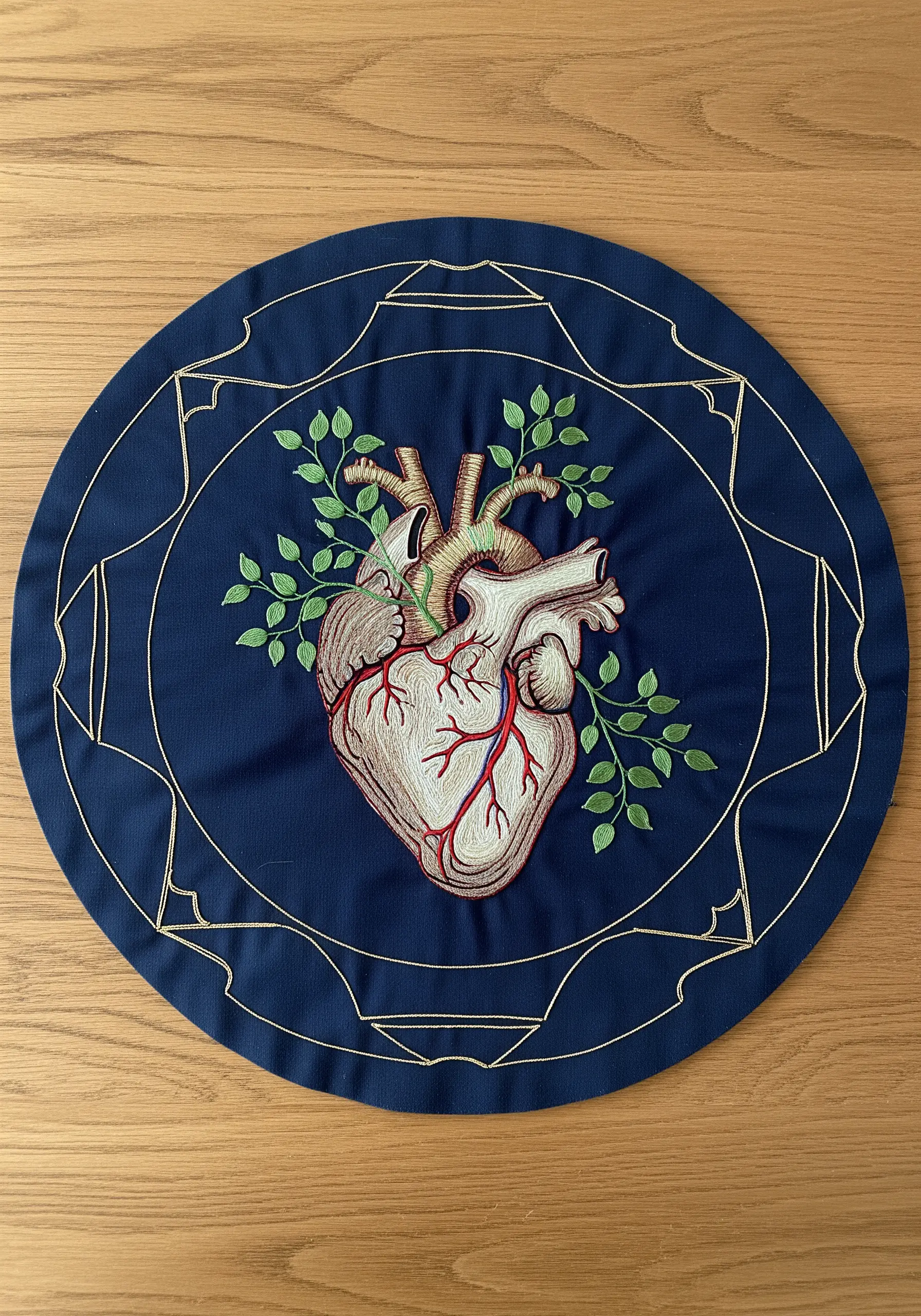 Anatomical heart embroidery with delicate thread painting, with green vines growing from it.