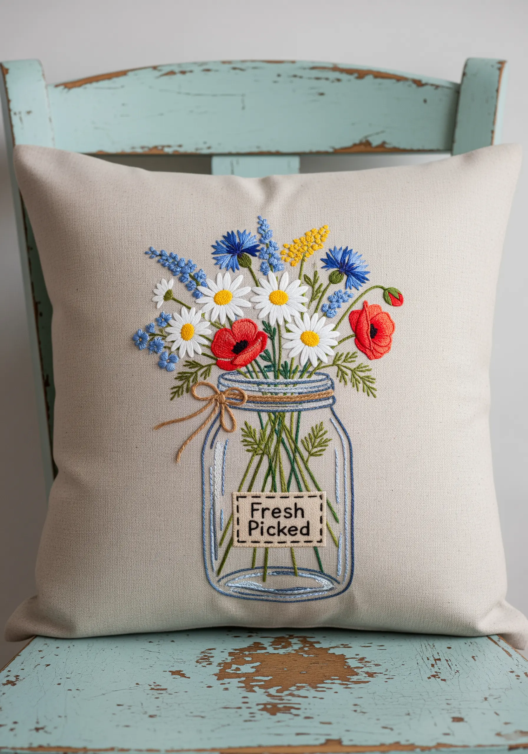 Embroidered bouquet of wildflowers in a glass jar on a linen cushion.