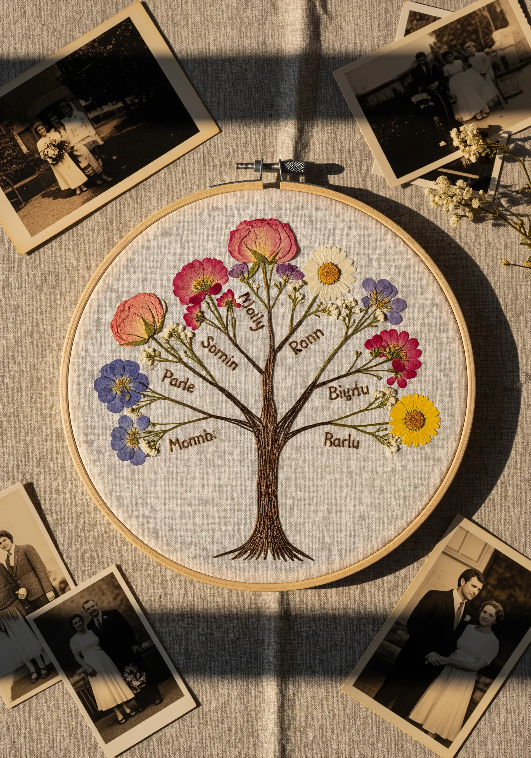 An embroidered family tree with names on the branches, each branch ending in a different pressed flower.