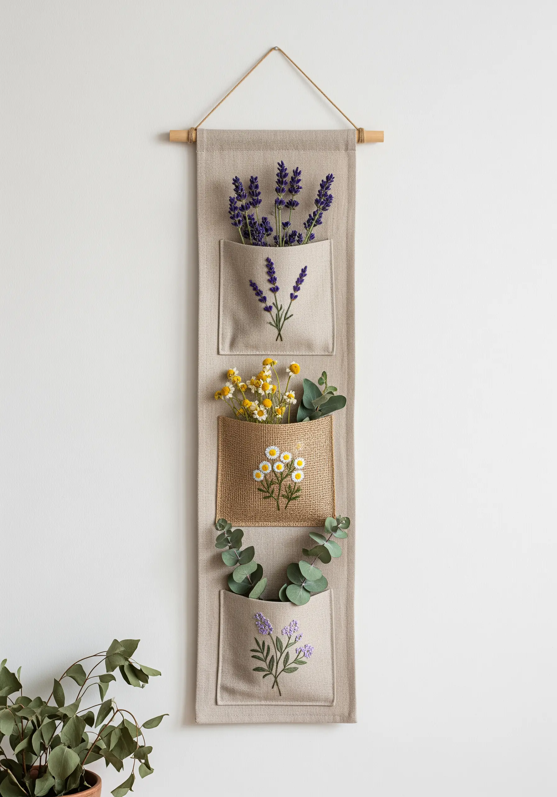 A hanging wall organizer with three pockets, each embroidered with a different botanical.