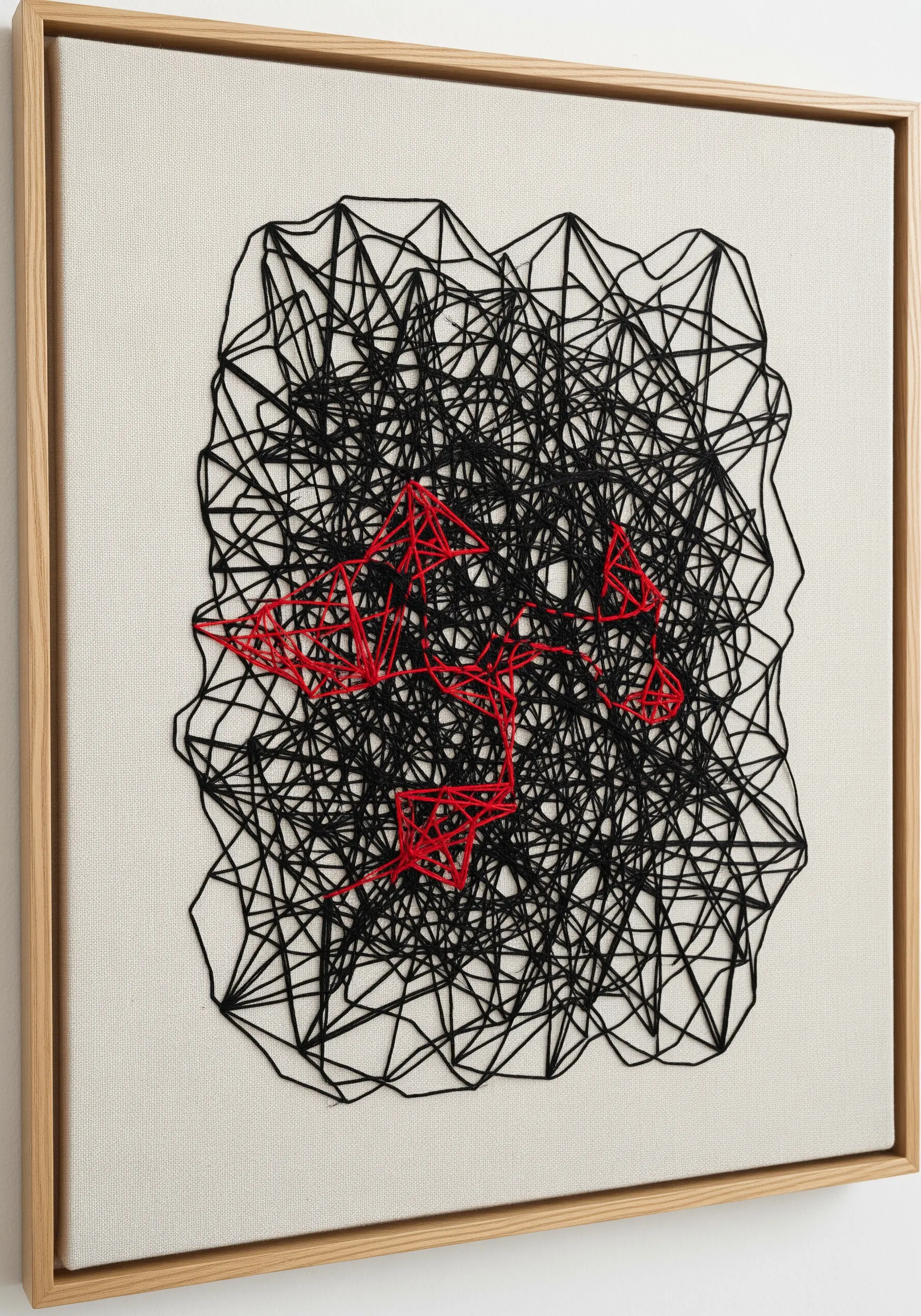 A dense network of black intersecting lines with a single, bright red line weaving through it
