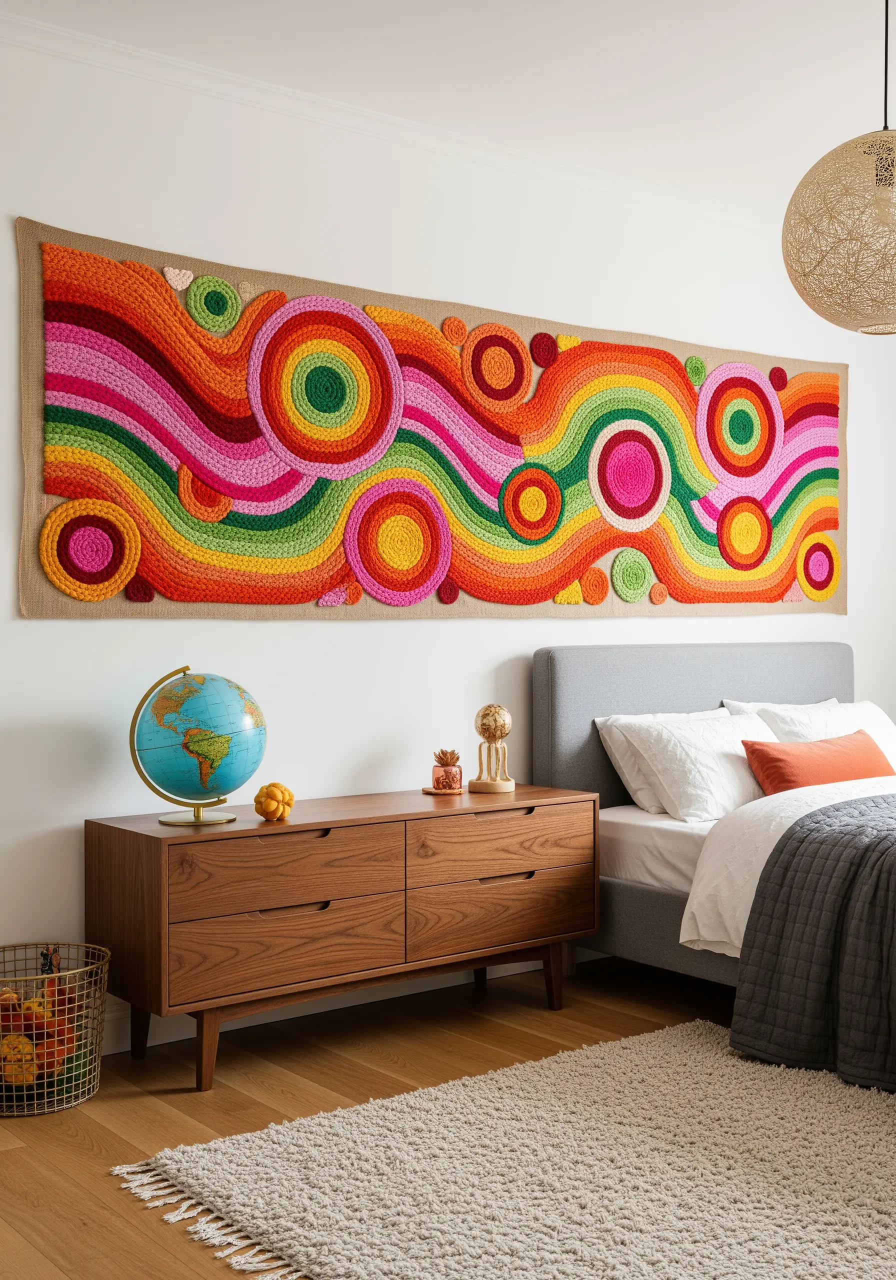 A long, retro-style embroidery wall hanging with colorful waves and circles in thick yarn.