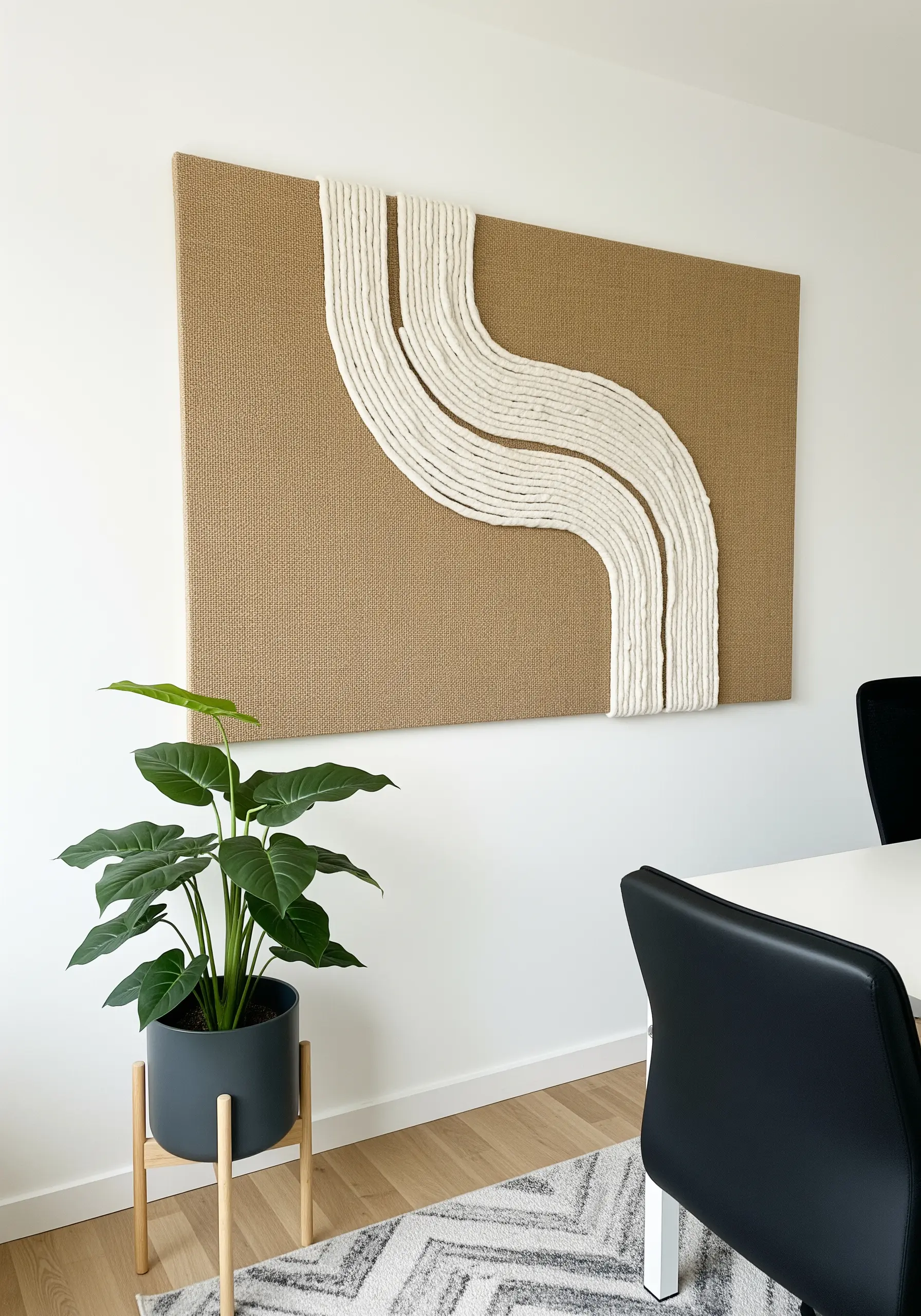 A large burlap canvas with a thick, wavy line of white yarn couched onto its surface.