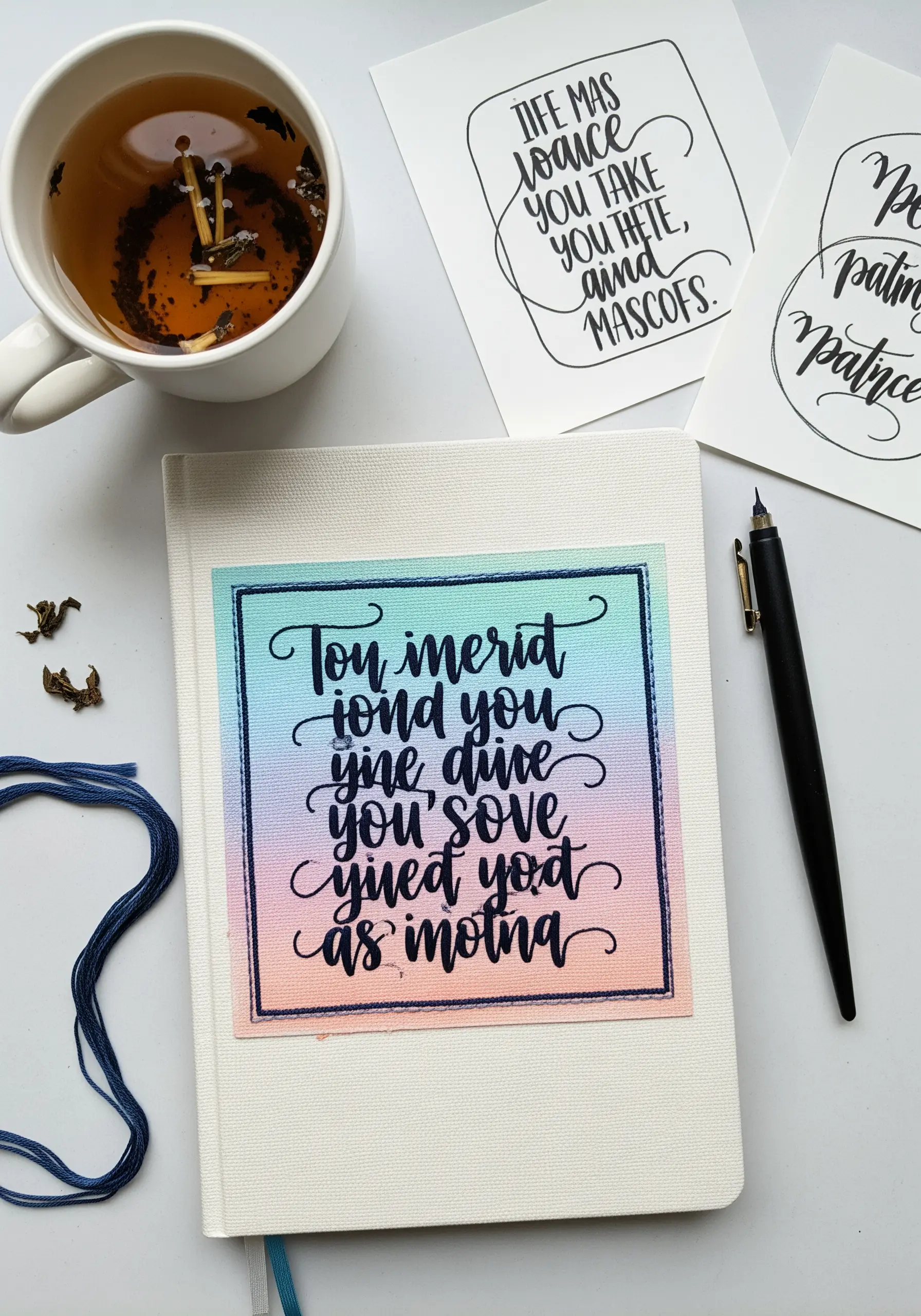 A stitched quote in black thread on a canvas patch with a pastel gradient background.