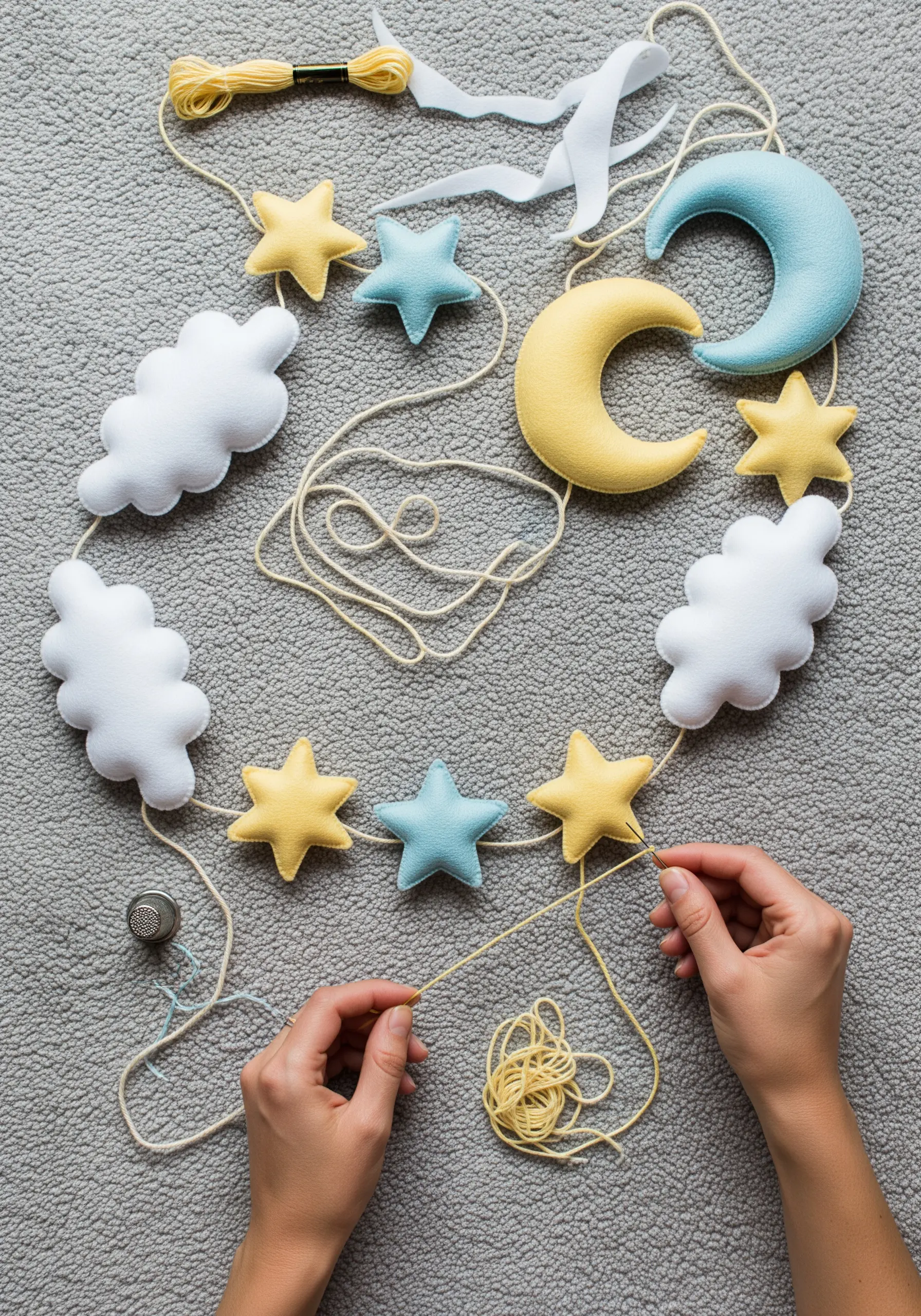 Assembling a felt garland with hand-stitched stars, moons, and clouds