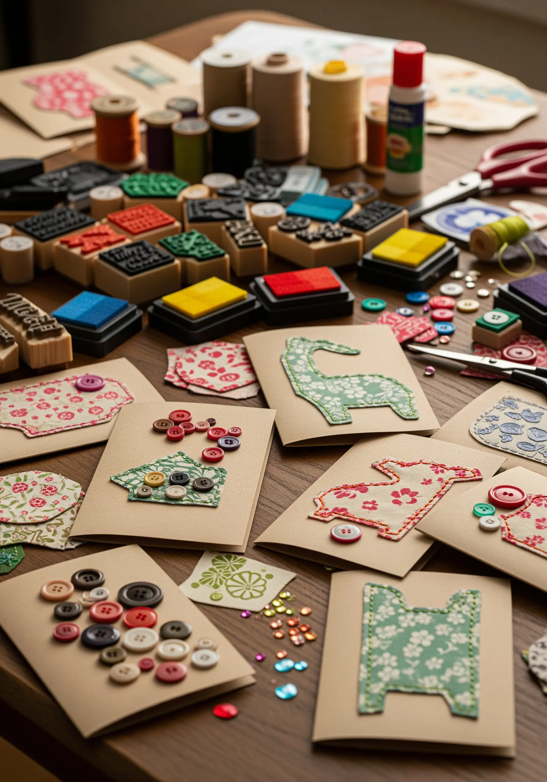 Handmade greeting cards with fabric applique and stitching