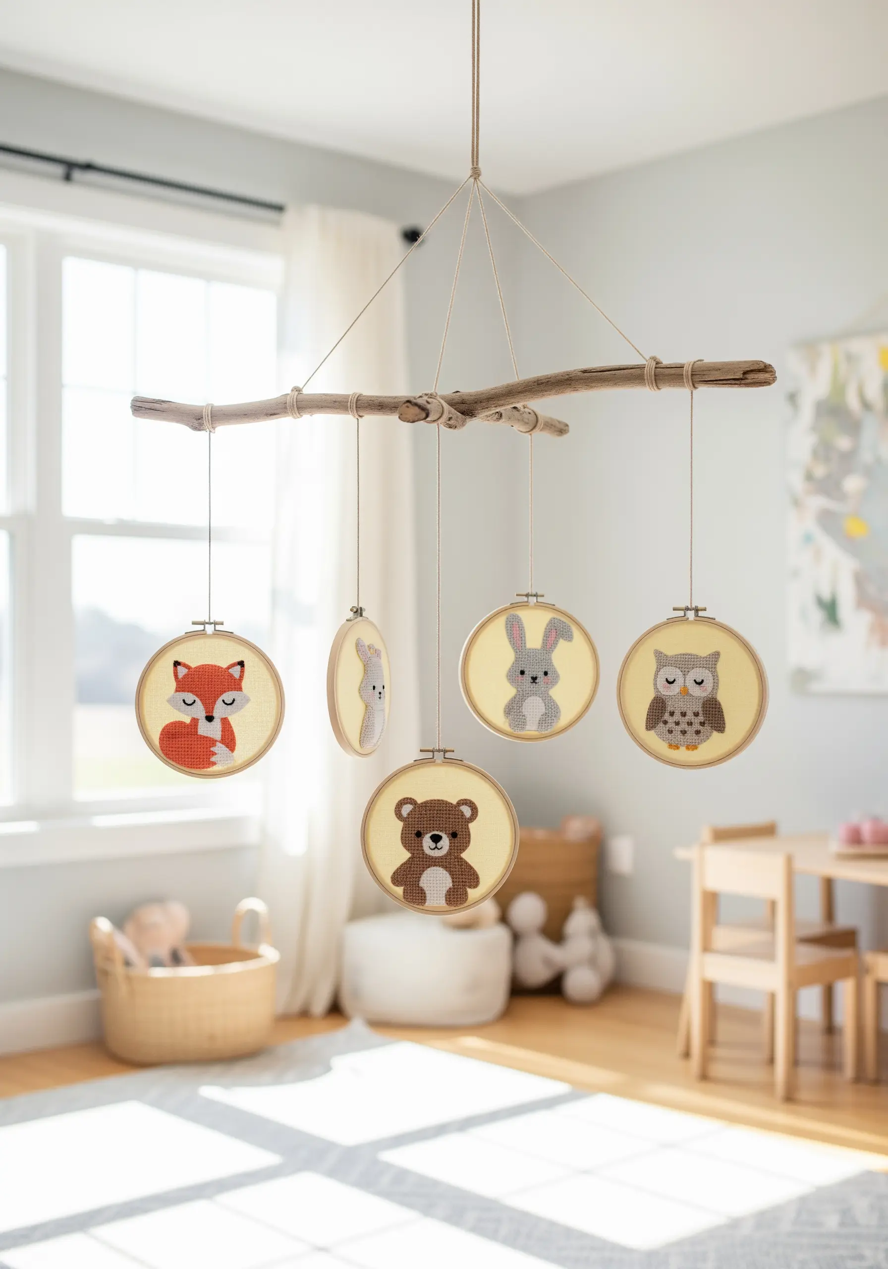 A nursery mobile made from a branch and small hoops with cross-stitched animals.