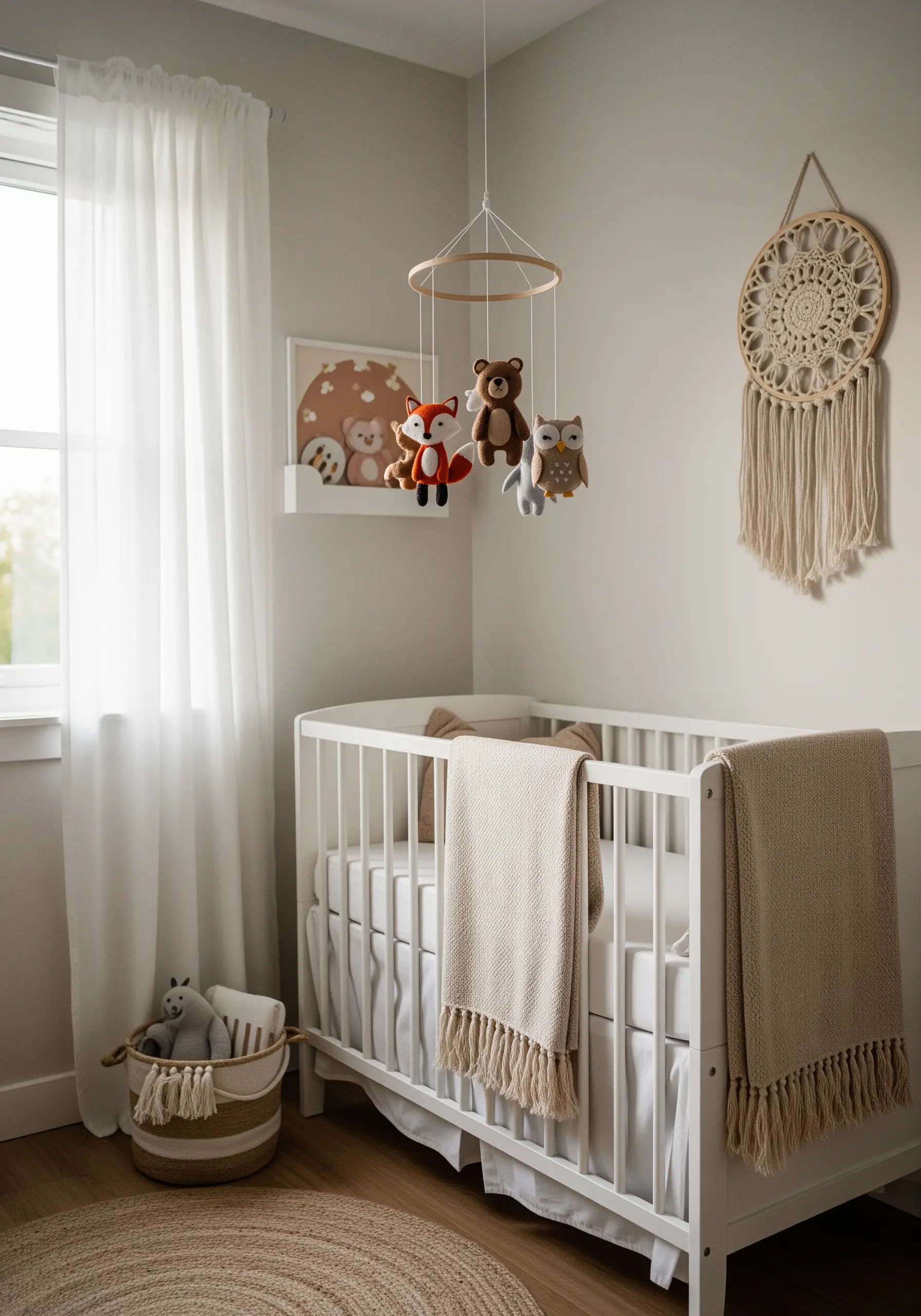 A cozy nursery with a handmade mobile featuring felt woodland creatures like a fox and bear