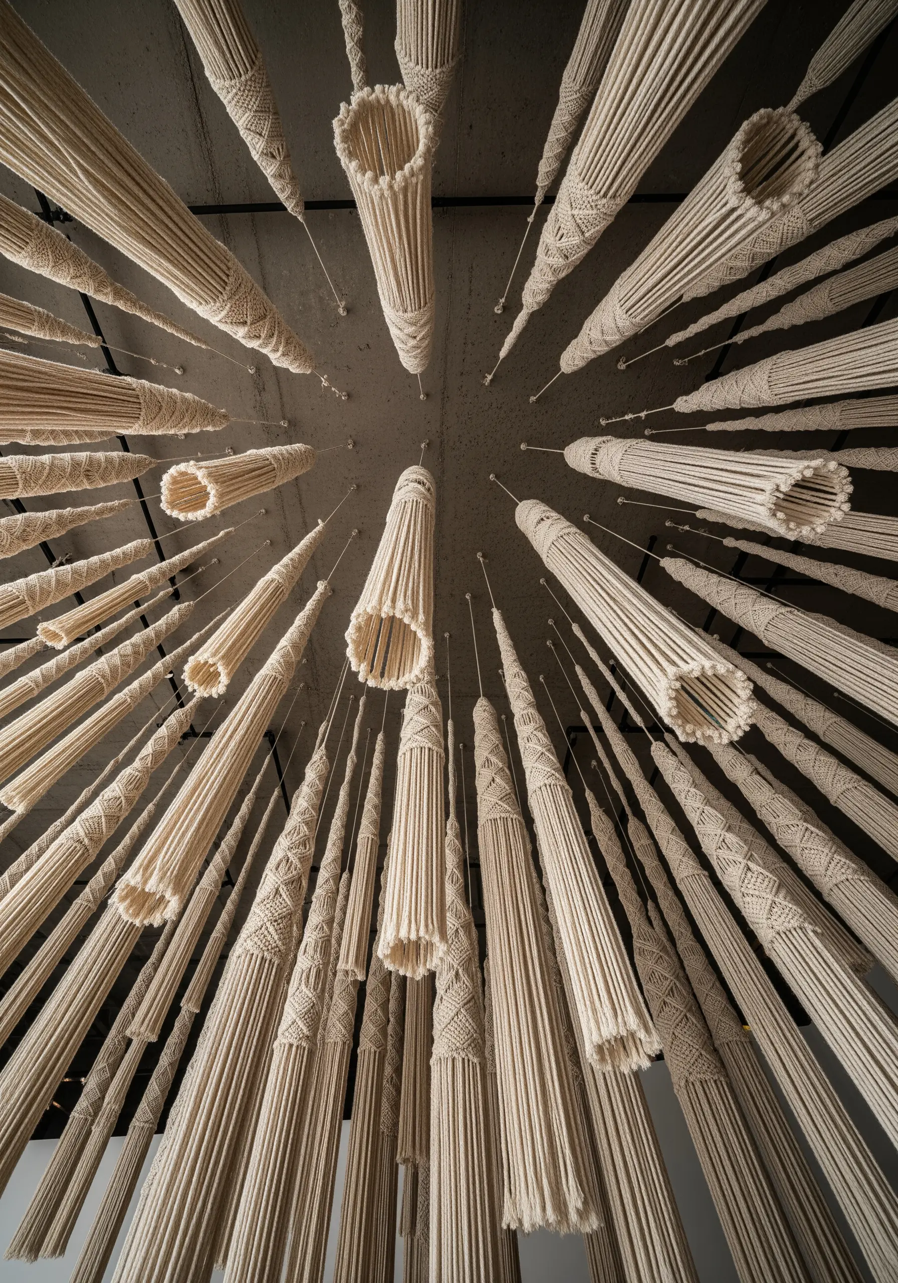 A low-angle view of dozens of conical macrame forms hanging from a concrete ceiling.