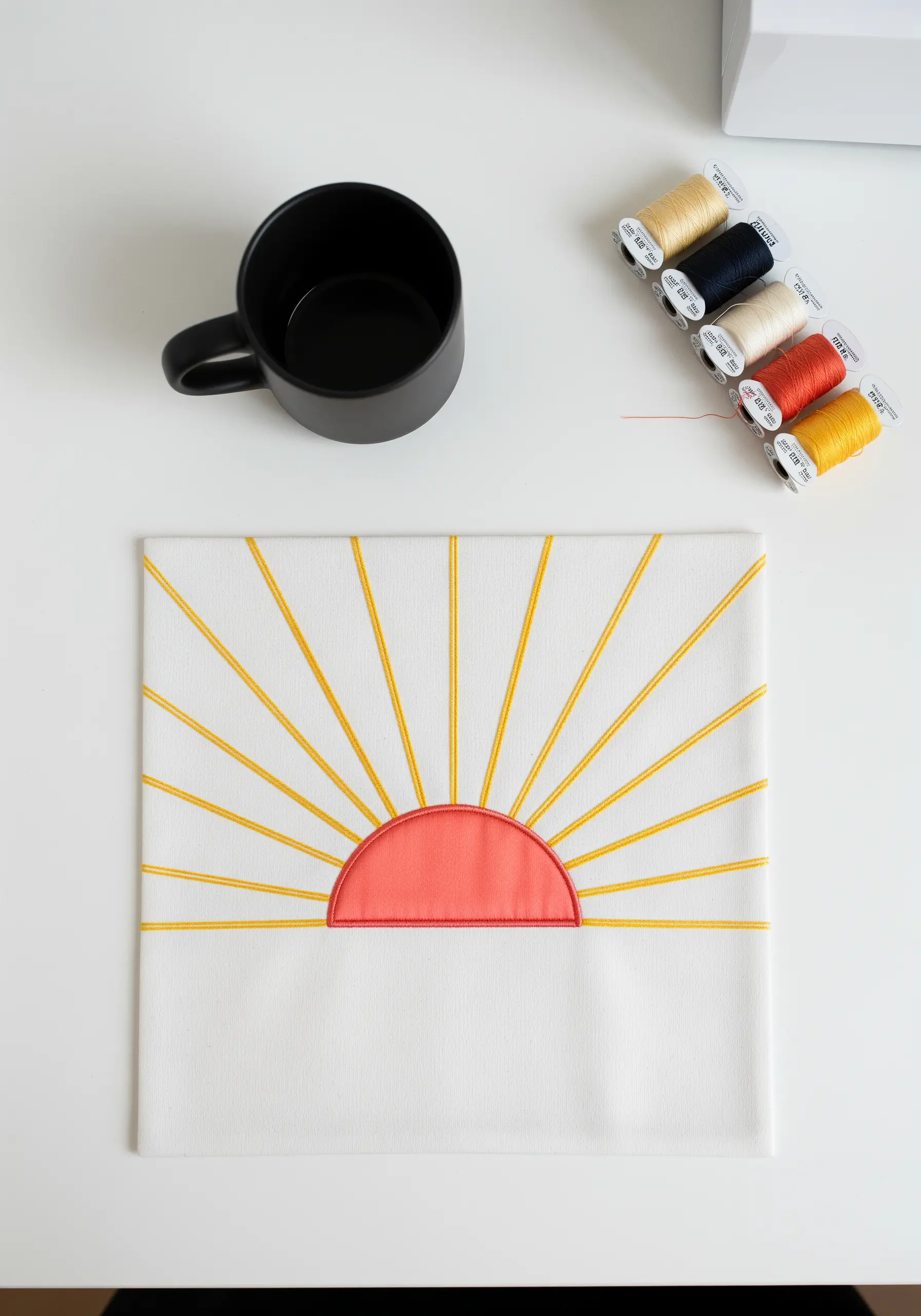 A minimalist embroidered sunrise with a pink semi-circle and long, radiating yellow stitches.