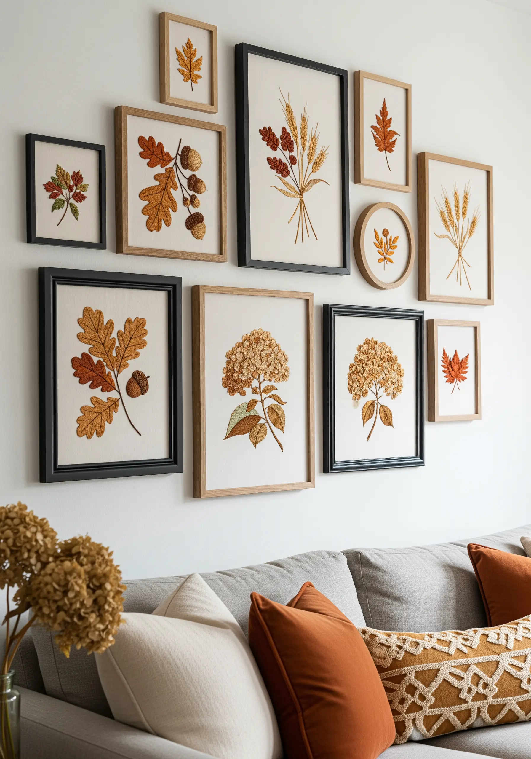 A gallery wall of various framed autumn botanicals, including oak leaves, acorns, and wheat.