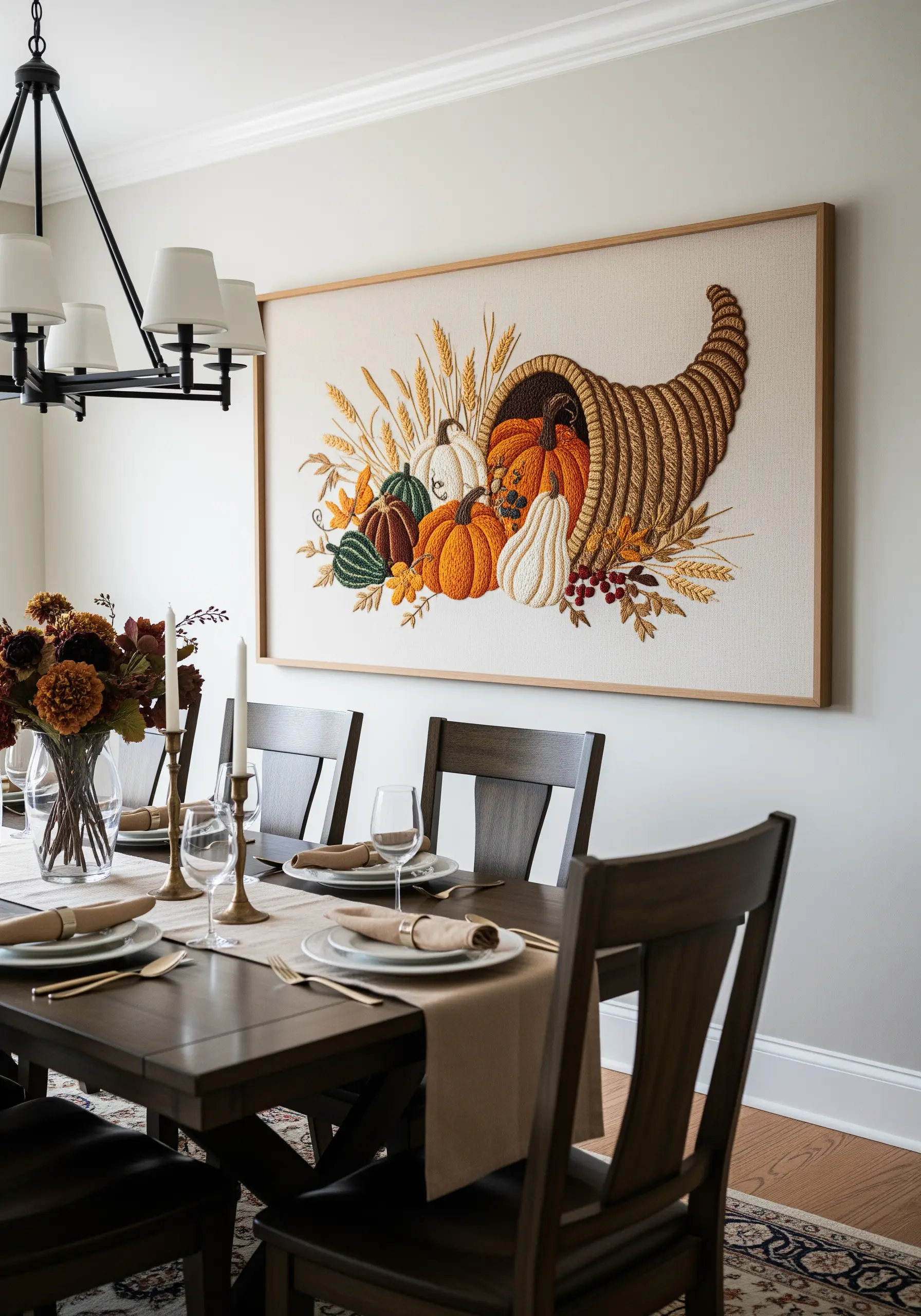 A large, detailed embroidered cornucopia filled with pumpkins, gourds, and wheat on a dining room wall.