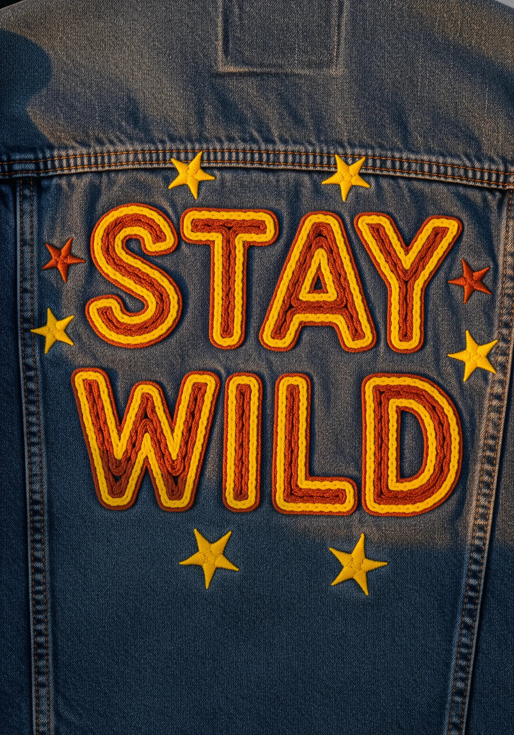 Chain stitched typography on denim jacket saying STAY WILD with stars