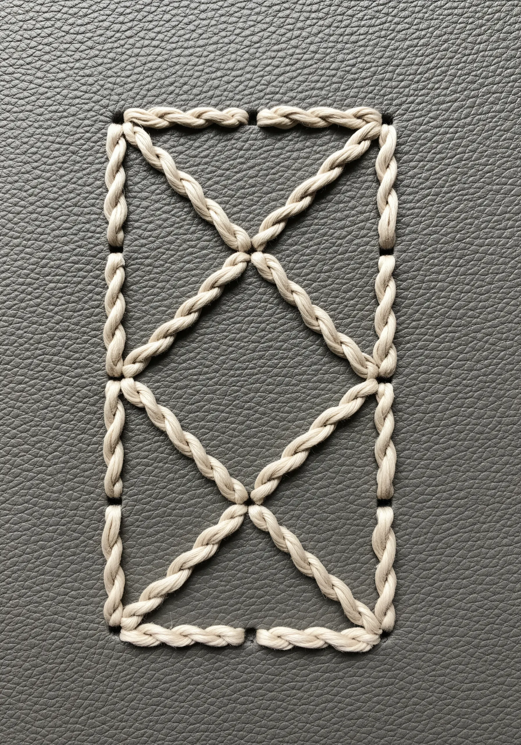 Geometric pattern embroidered with thick braided cord onto gray textured leather.