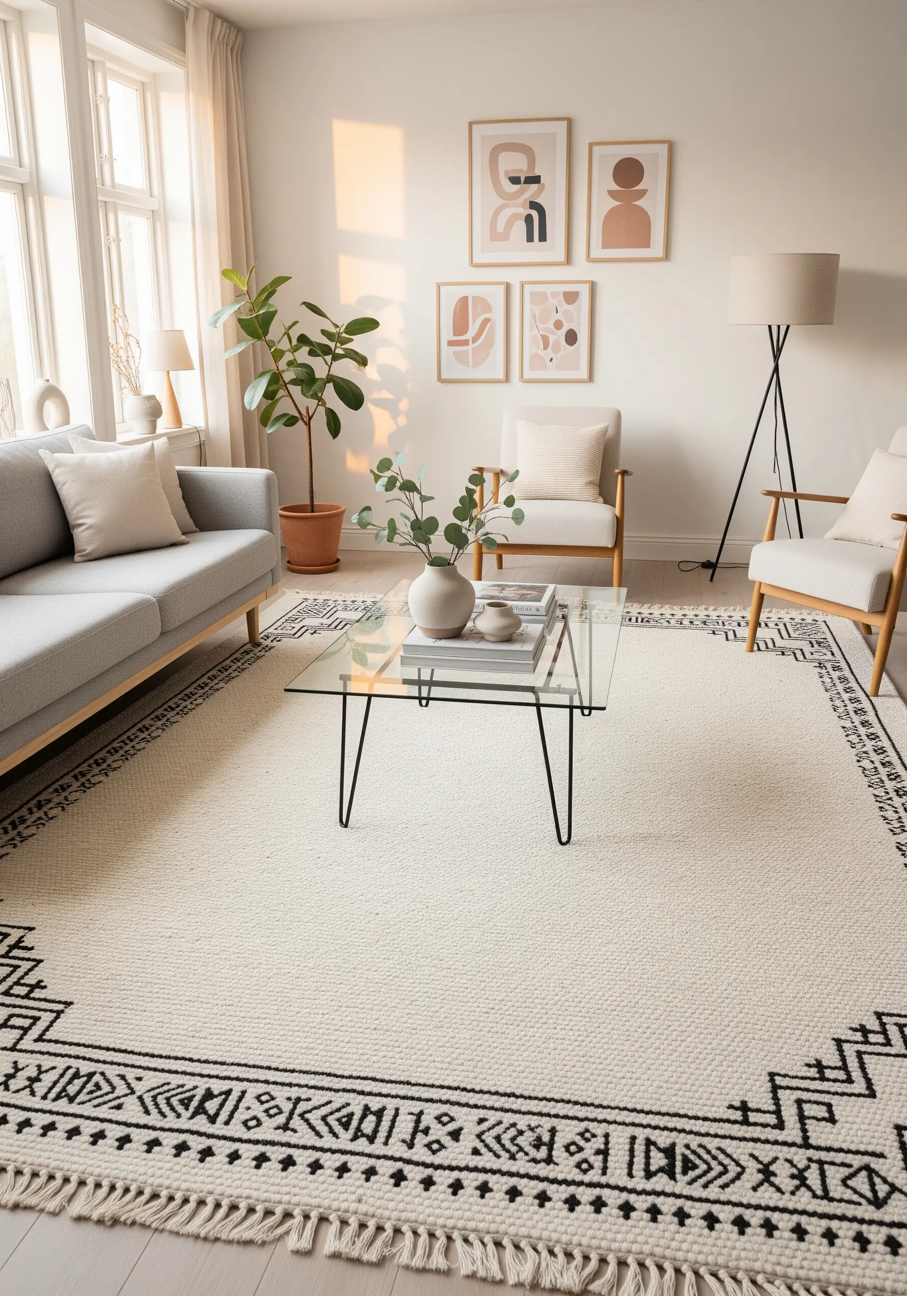 Cream rug with black geometric border embroidery