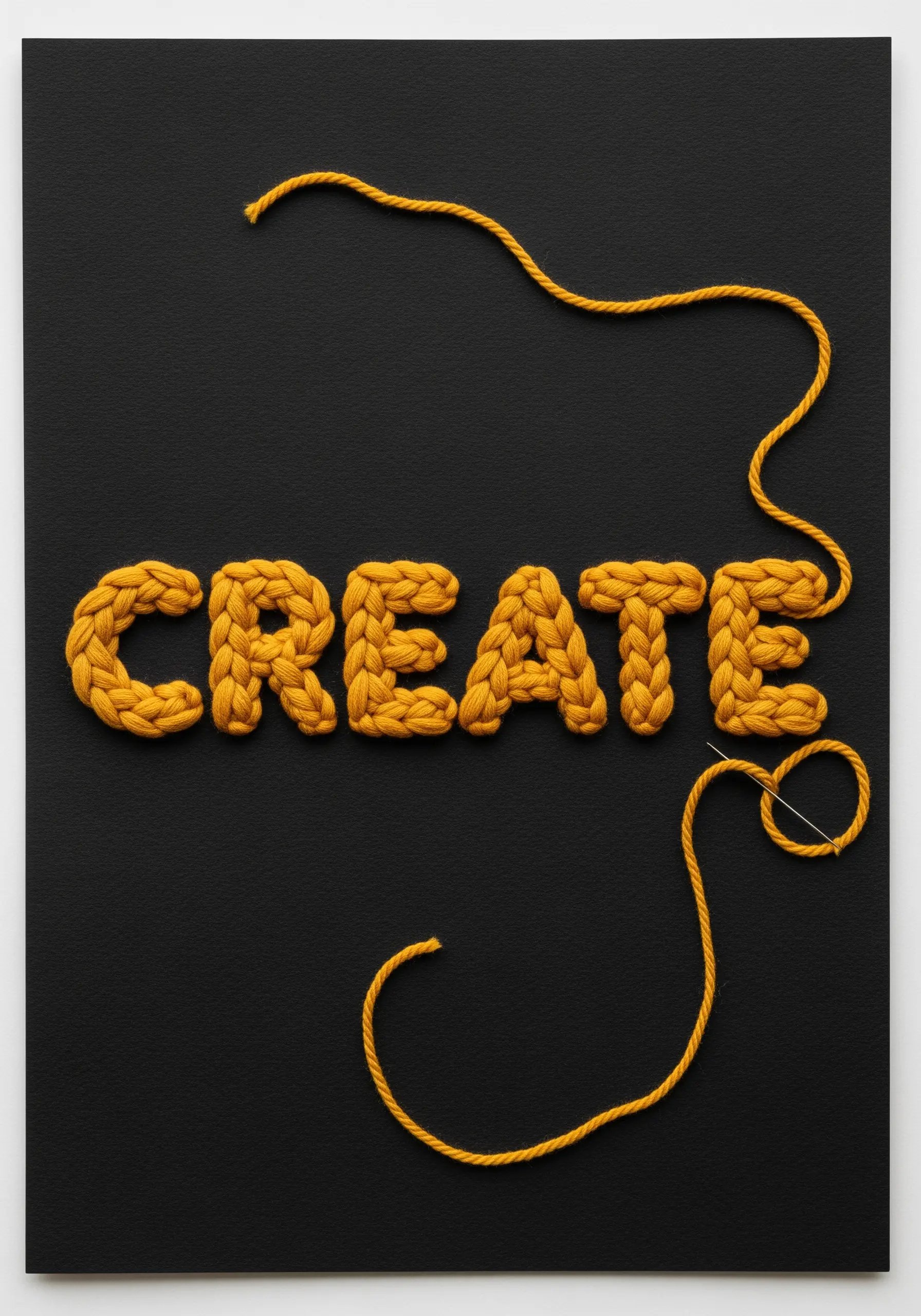 The word CREATE embroidered in thick yellow yarn chain stitches on black cardstock