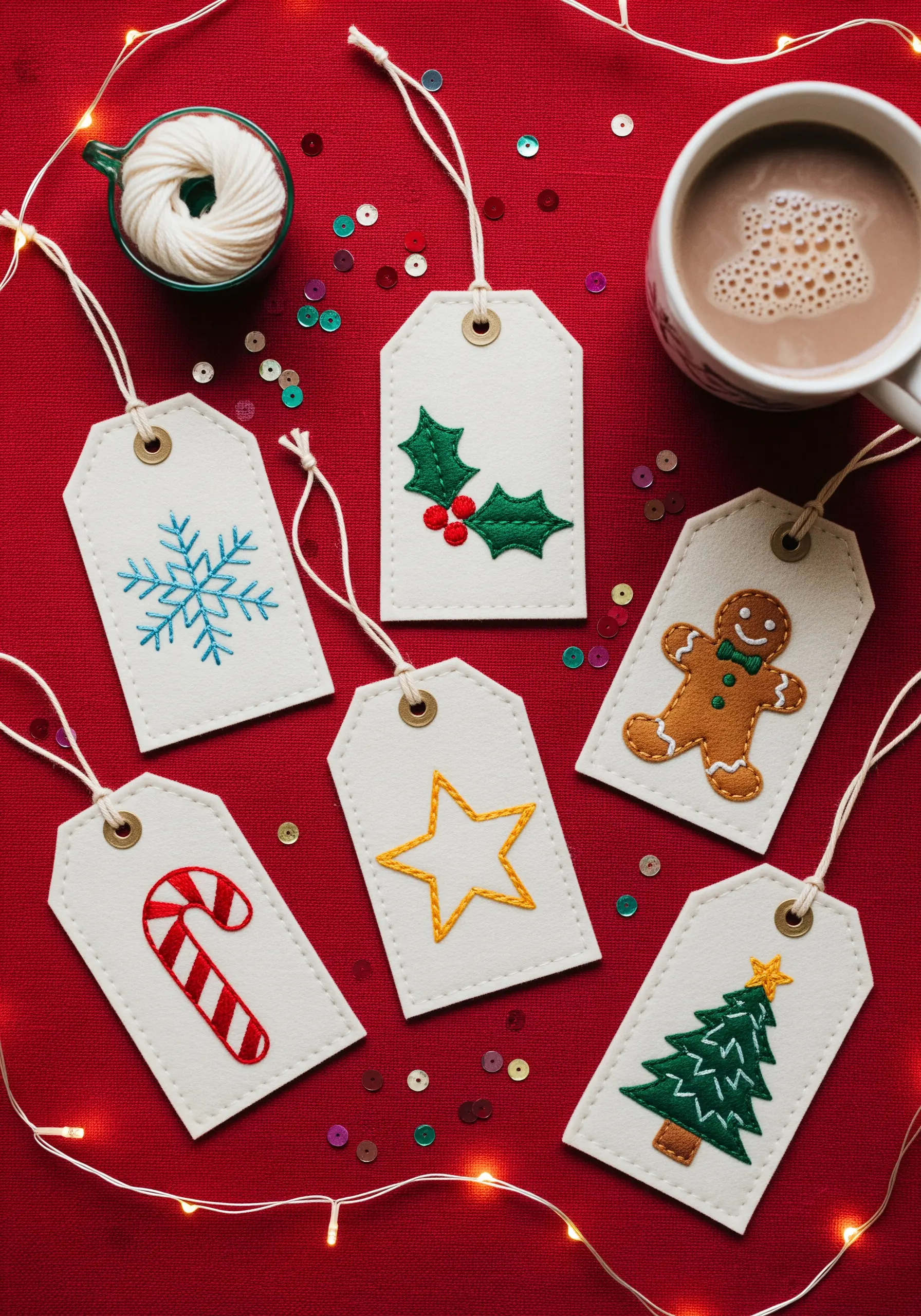 A collection of embroidered holiday gift tags with motifs like a tree, snowflake, and gingerbread man.