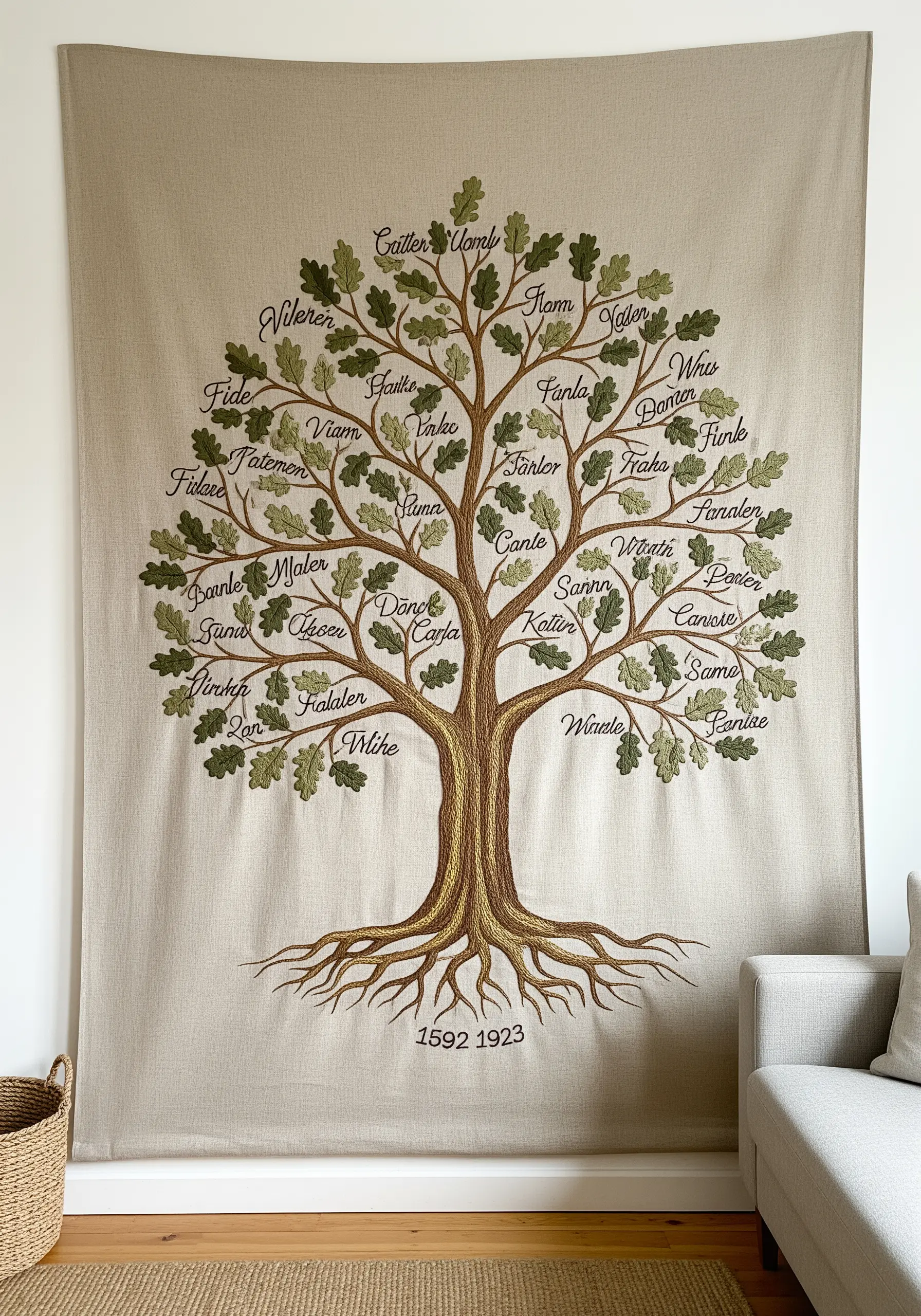 A large, embroidered family tree wall hanging with names stitched onto individual oak leaves.