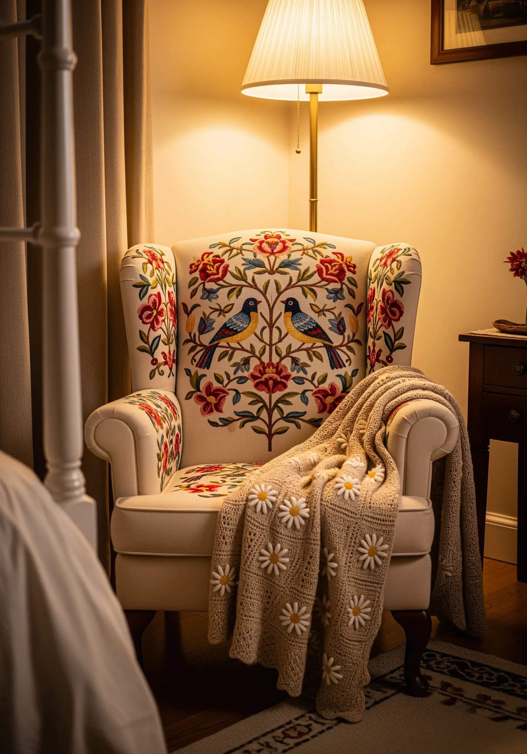 Wingback chair with symmetrical folk art bird embroidery