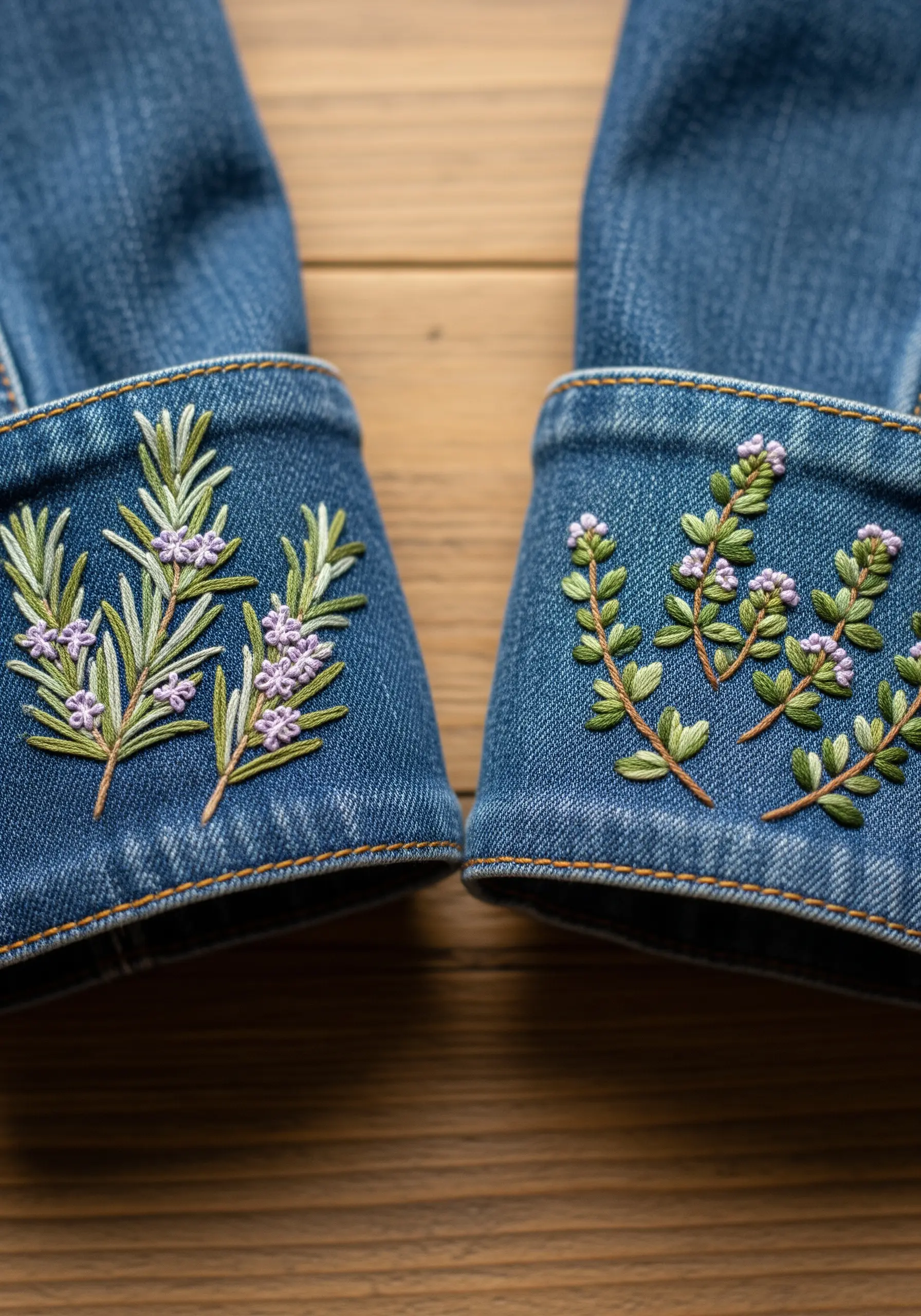 Detailed embroidery of rosemary and thyme sprigs on the rolled cuffs of a denim jacket.