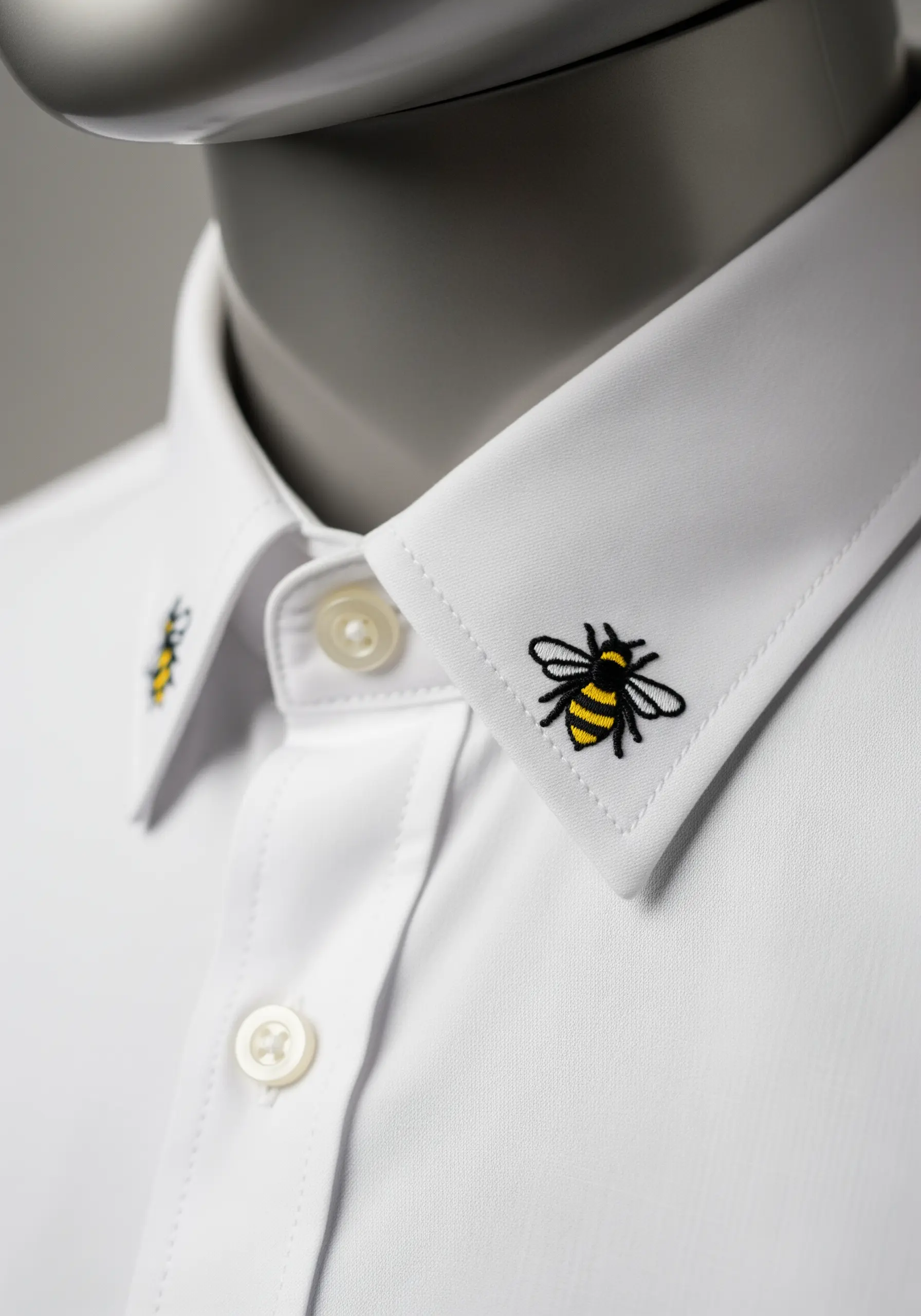 White button-down shirt collar featuring two small embroidered bumblebees on the tips
