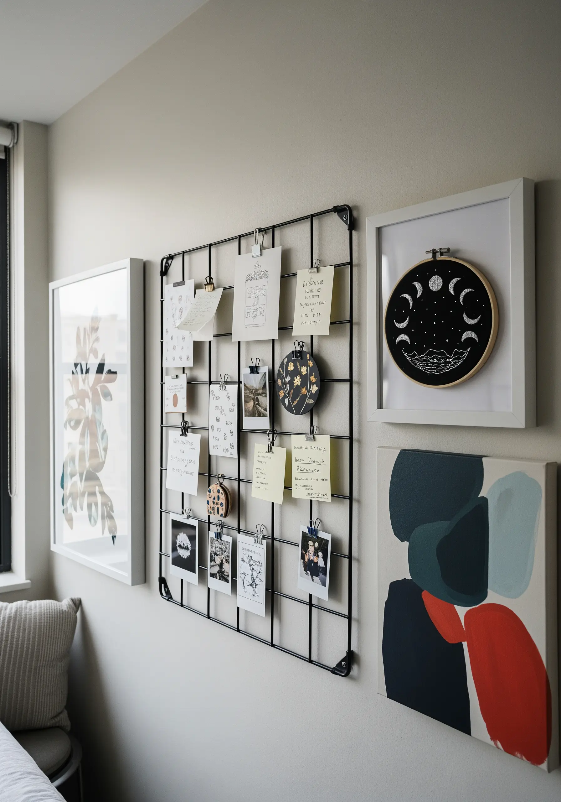 Wire wall grid with photos and a black embroidery hoop featuring white moon phases