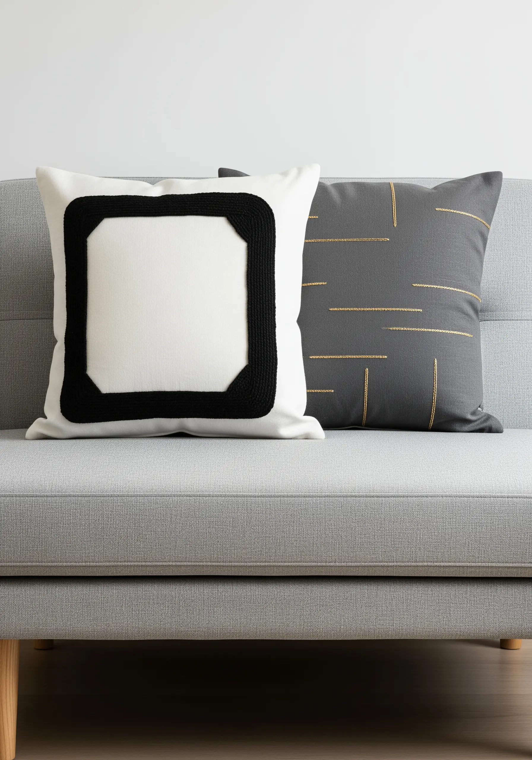 A thick, black embroidered square frame on a white cushion next to a grey cushion with gold lines.