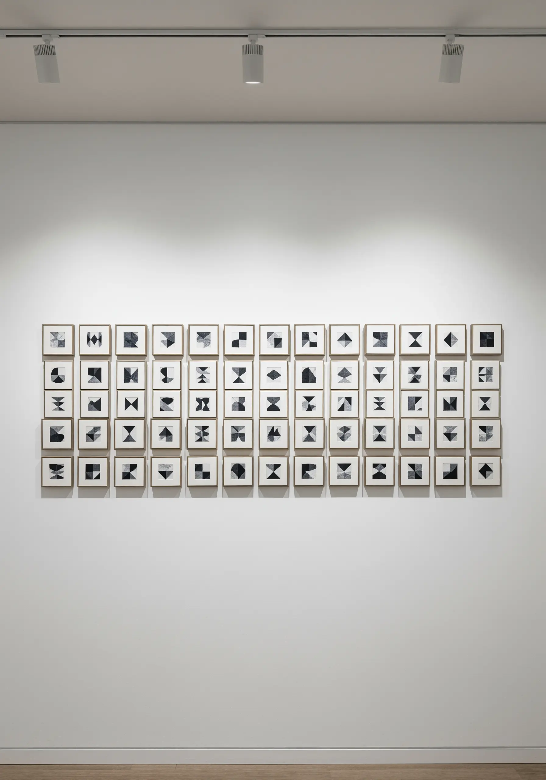 Black and white geometric embroidery squares in a grid layout