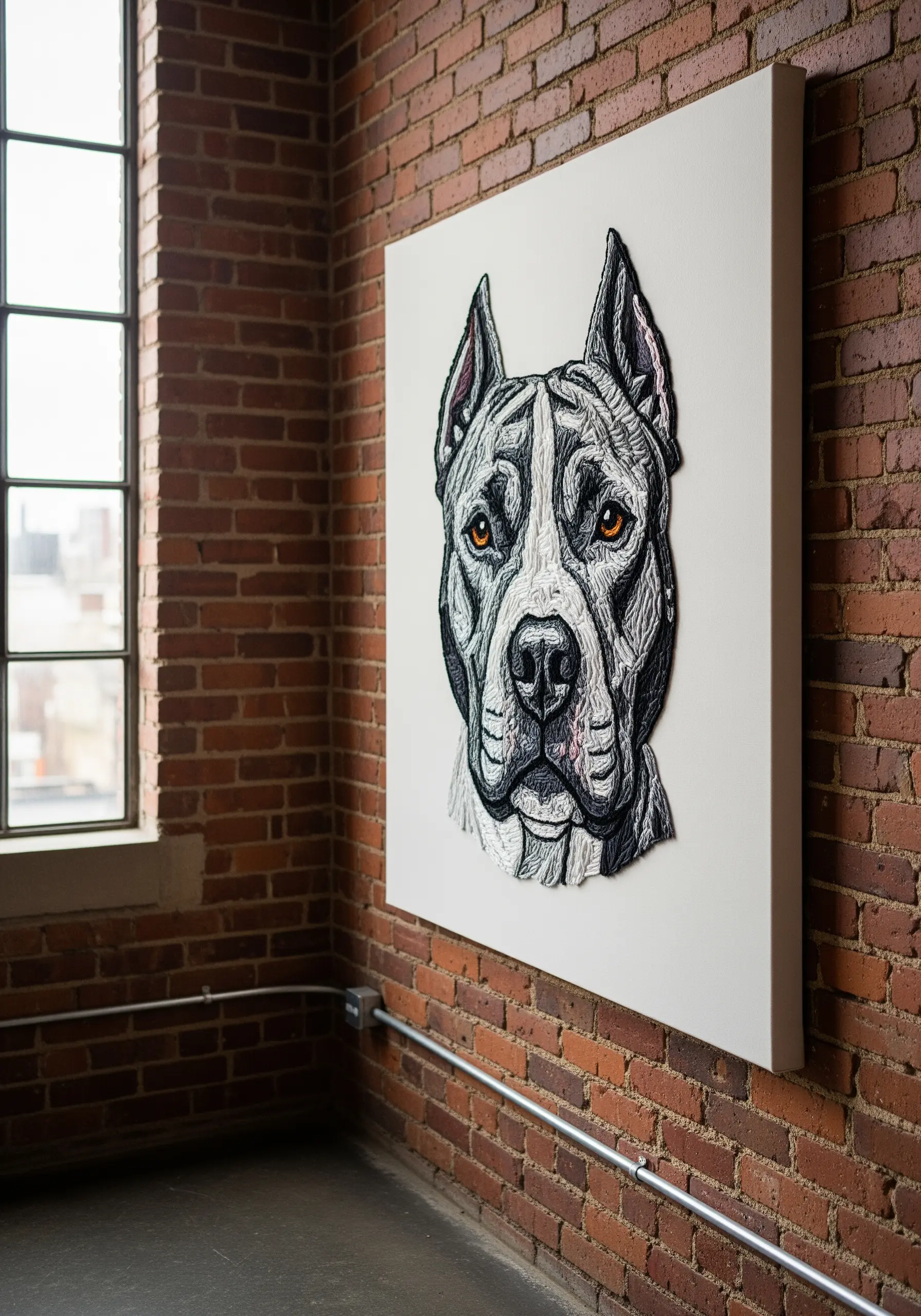 A high-contrast, graphic-style pitbull portrait embroidered on a large canvas.
