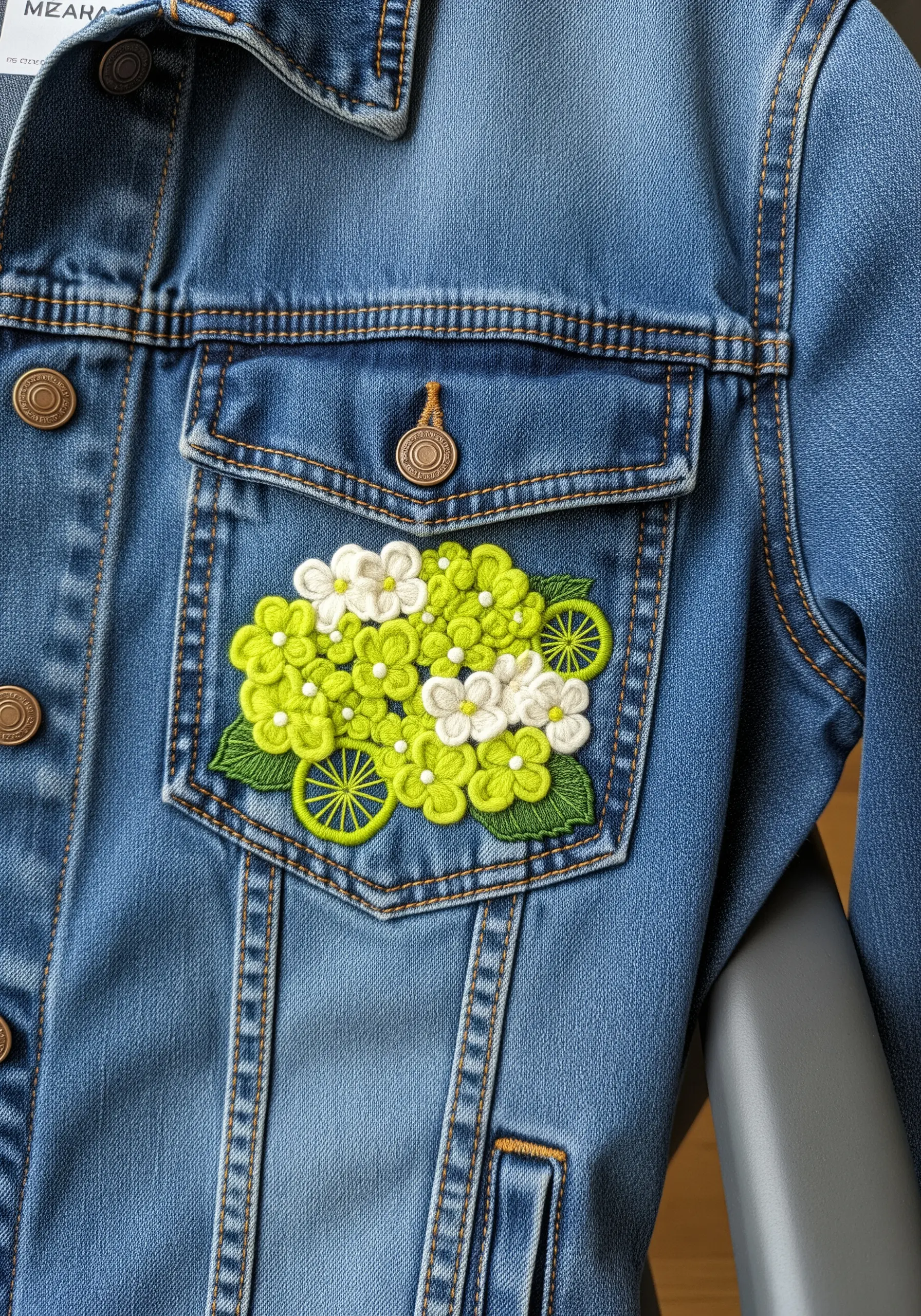 Chartreuse and white hydrangea embroidered with woven wheel stitches on a denim jacket pocket.