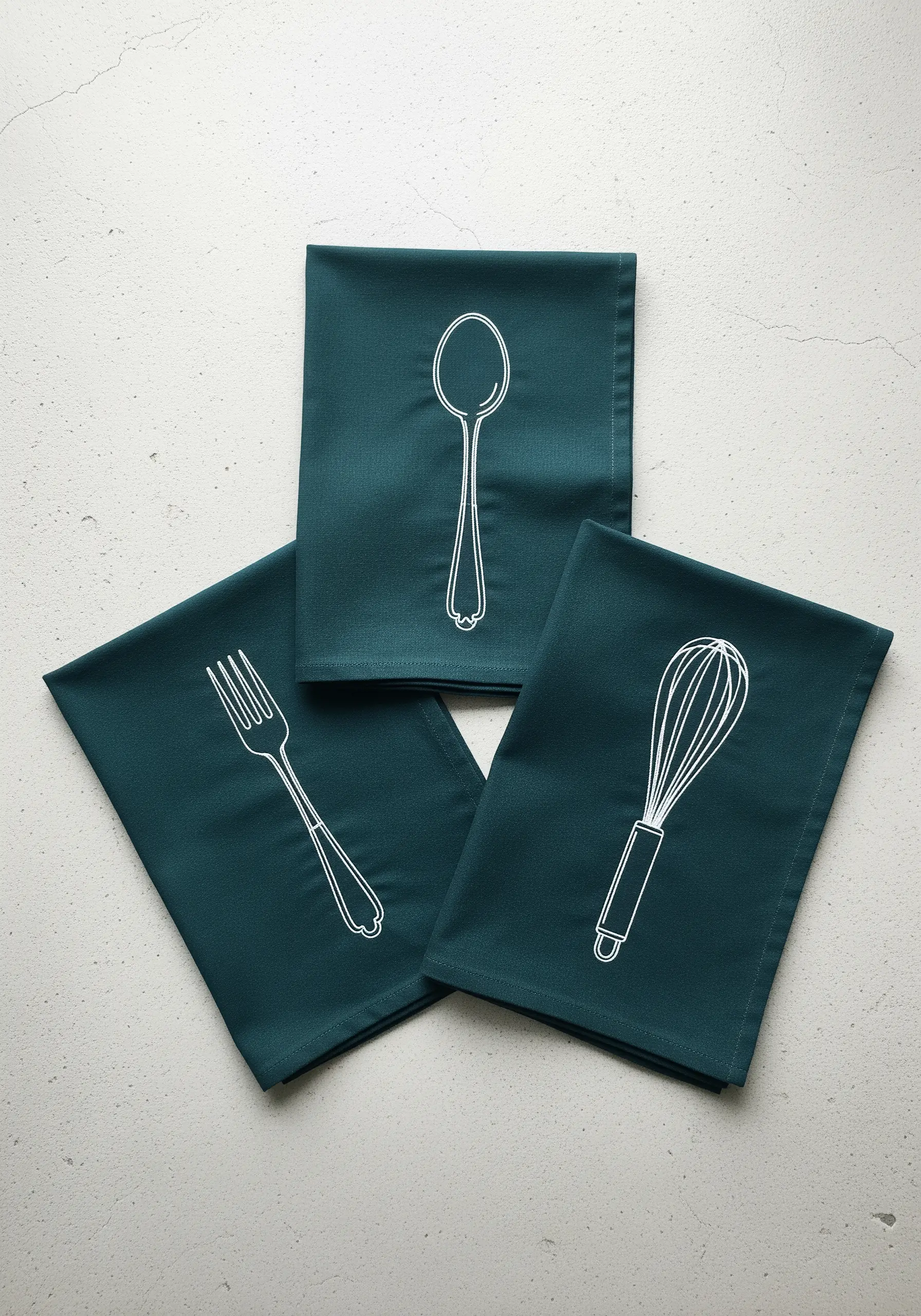Three dark teal napkins, each embroidered with a white outline of a kitchen utensil.