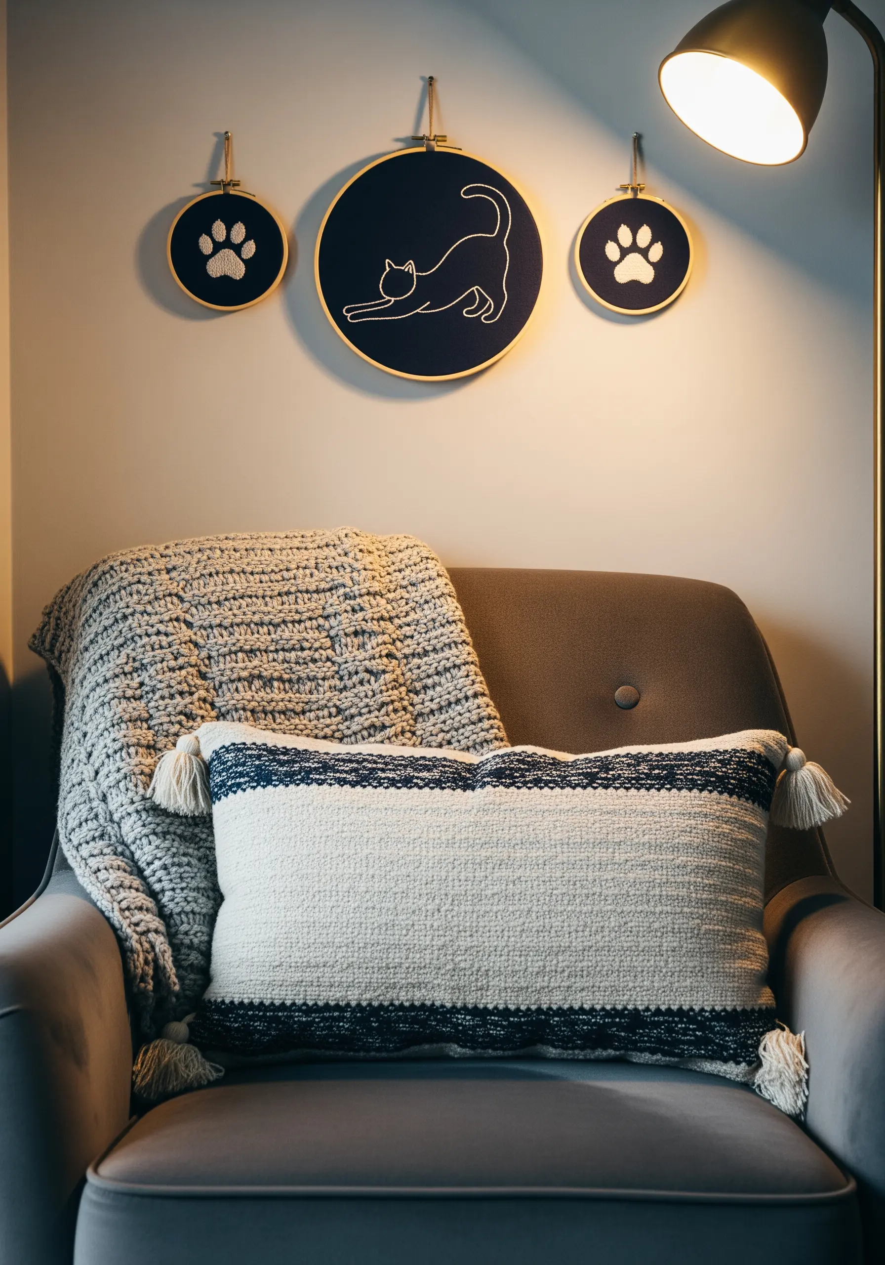 Trio of navy blue embroidery hoops featuring cat silhouettes and paws