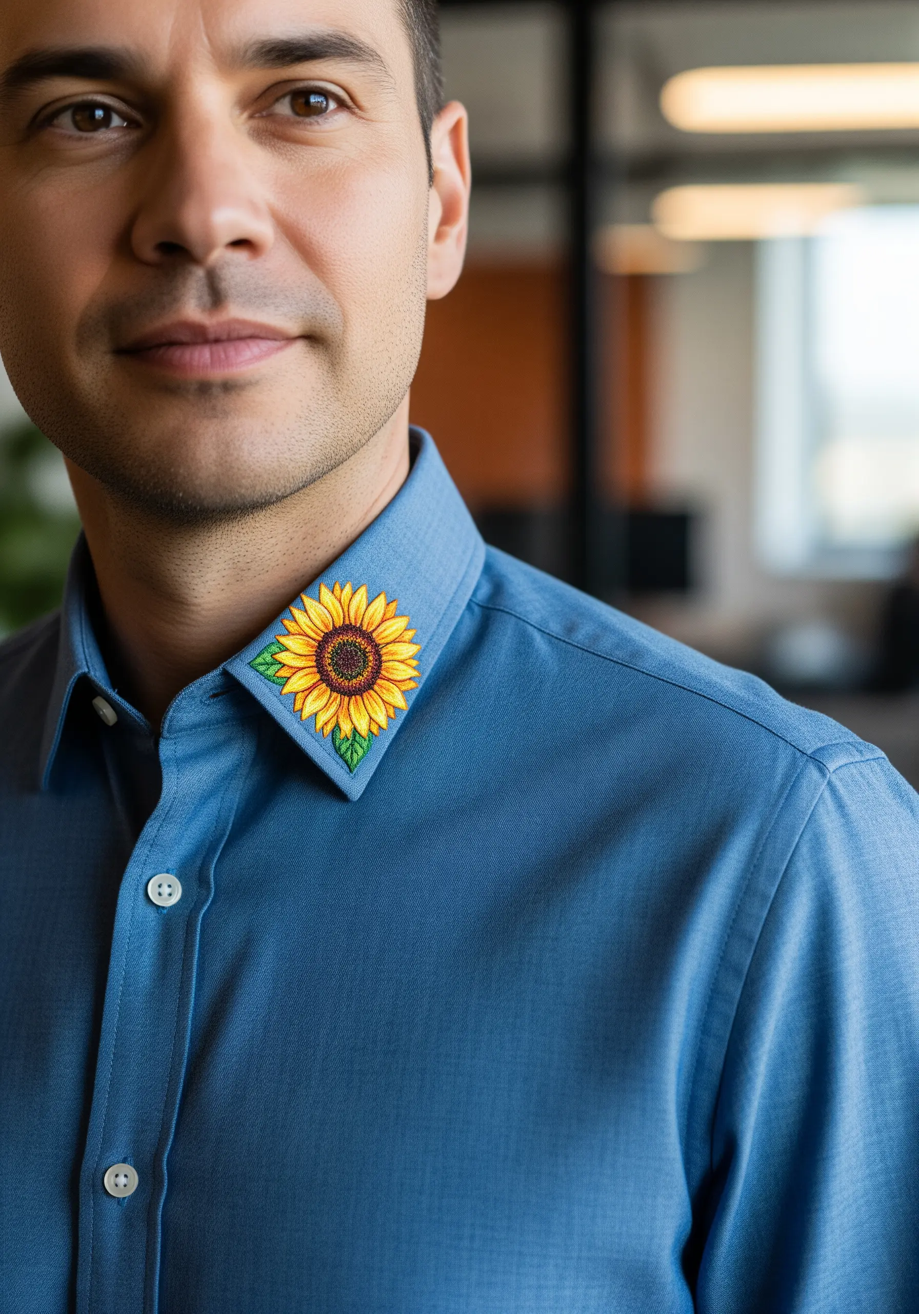 A single, realistic sunflower embroidered on the tip of a blue button-down shirt collar.