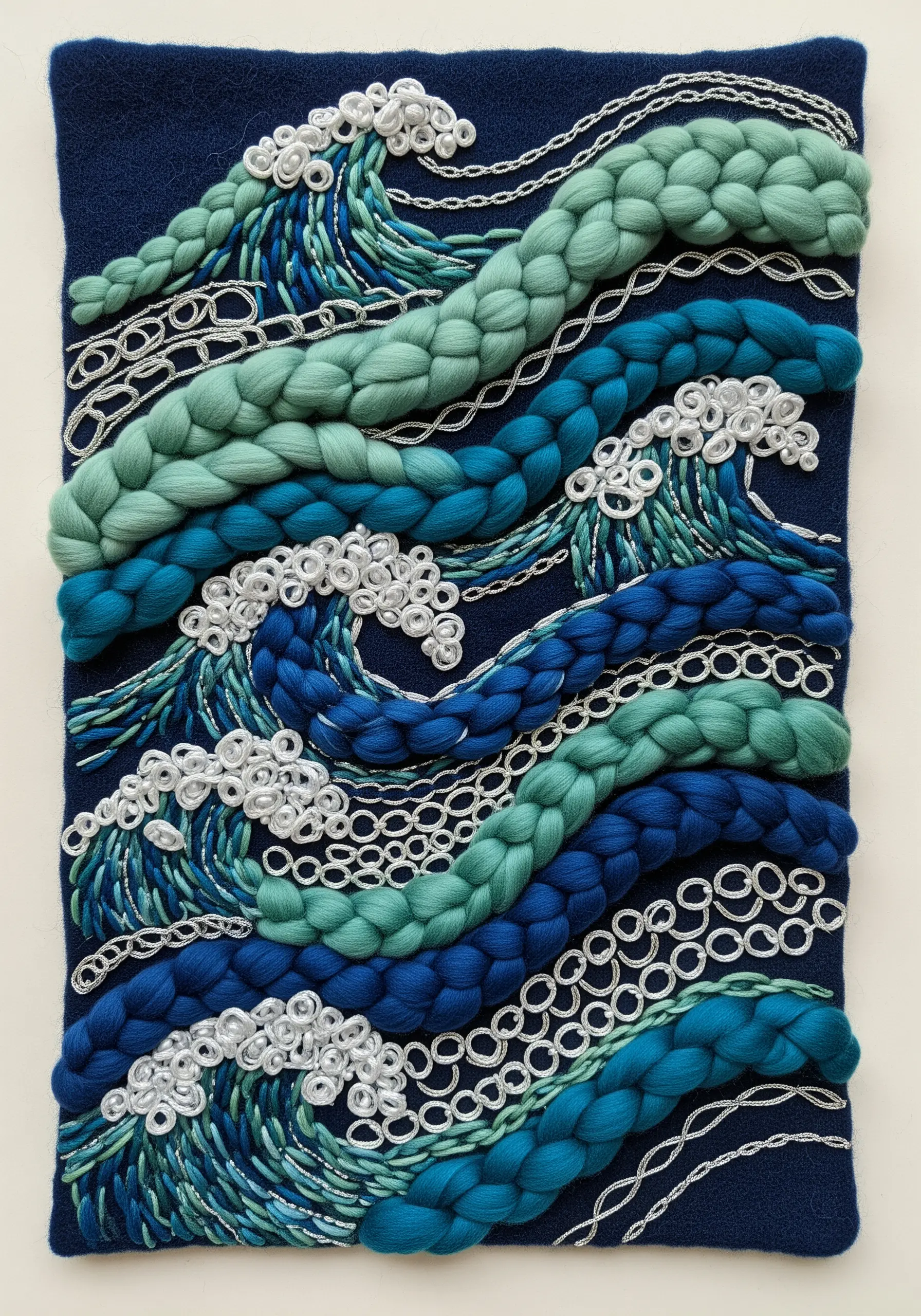 Textural embroidery of ocean waves using bulky braided yarn in blues and greens with silver details.