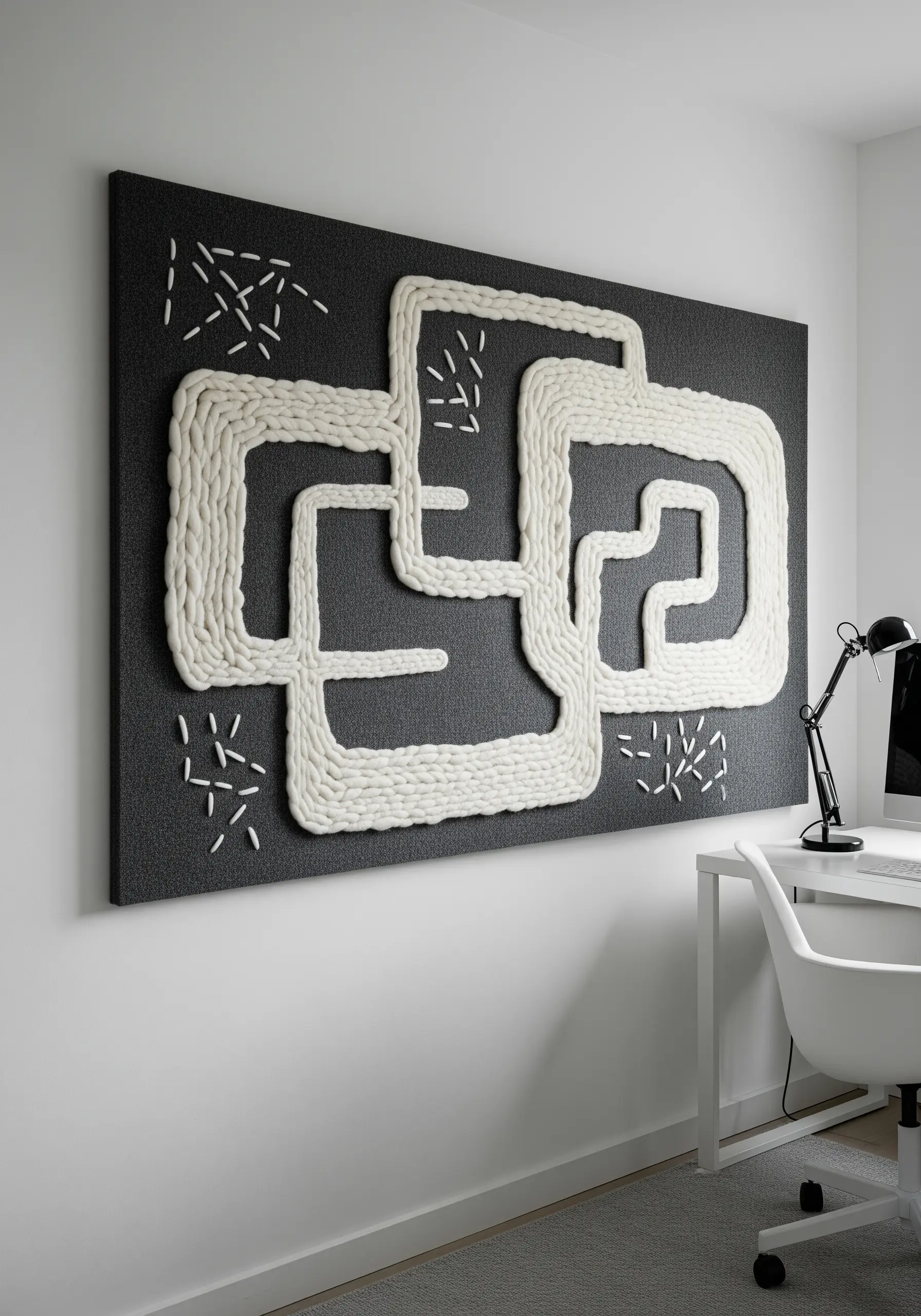 A large black canvas with a high-relief abstract design made from couched white wool roving.