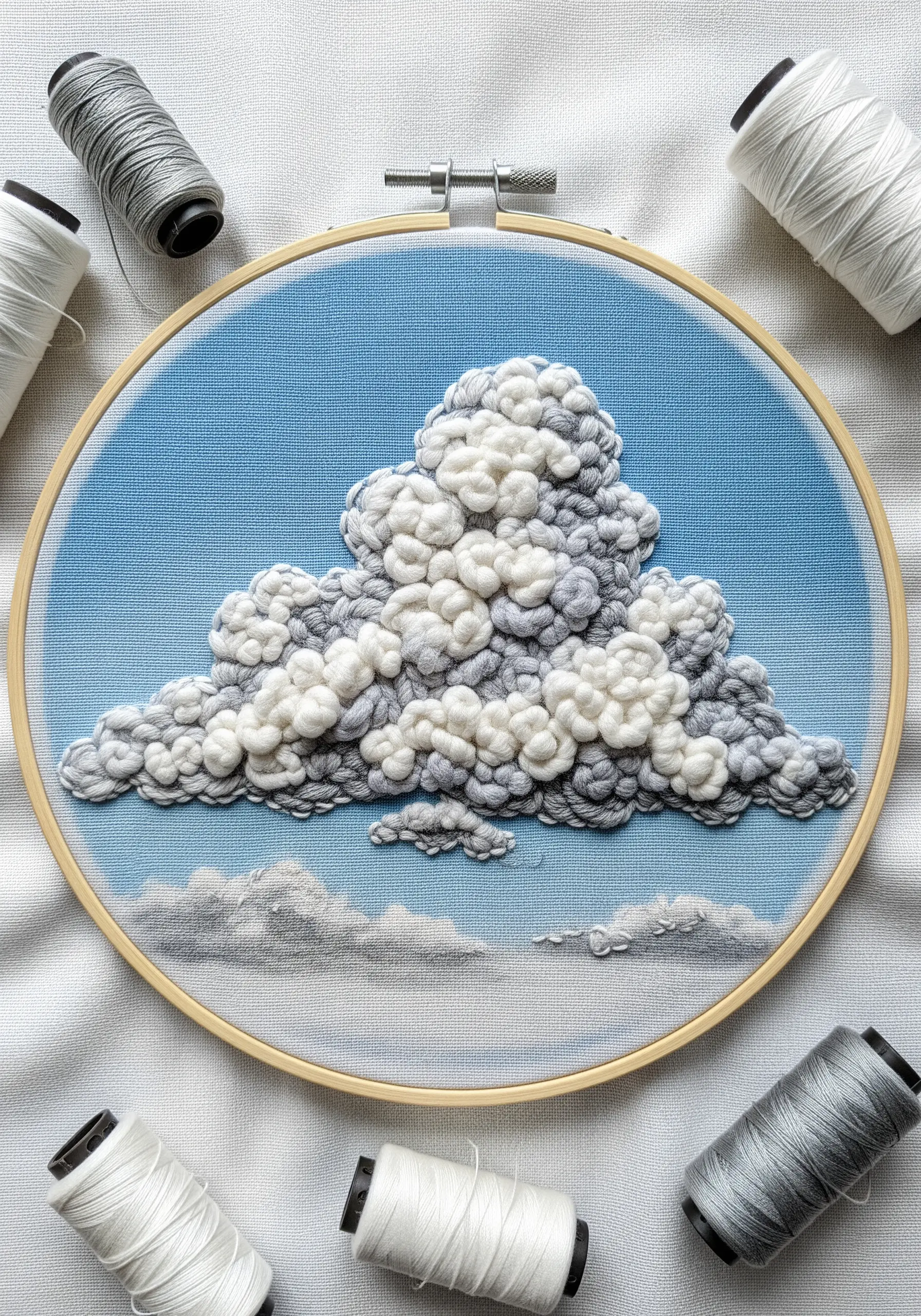 Textured white cloud embroidery on blue fabric using knots