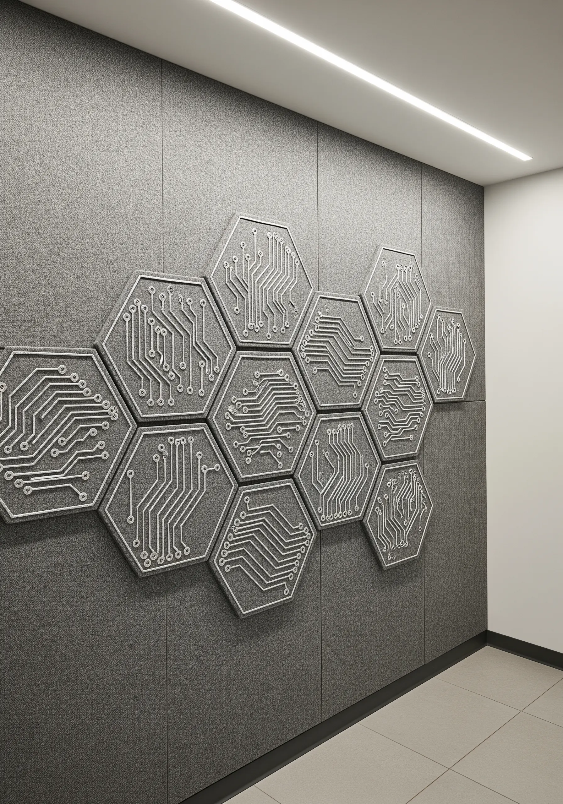 An installation of hexagonal panels embroidered with silver circuit board patterns on gray fabric.