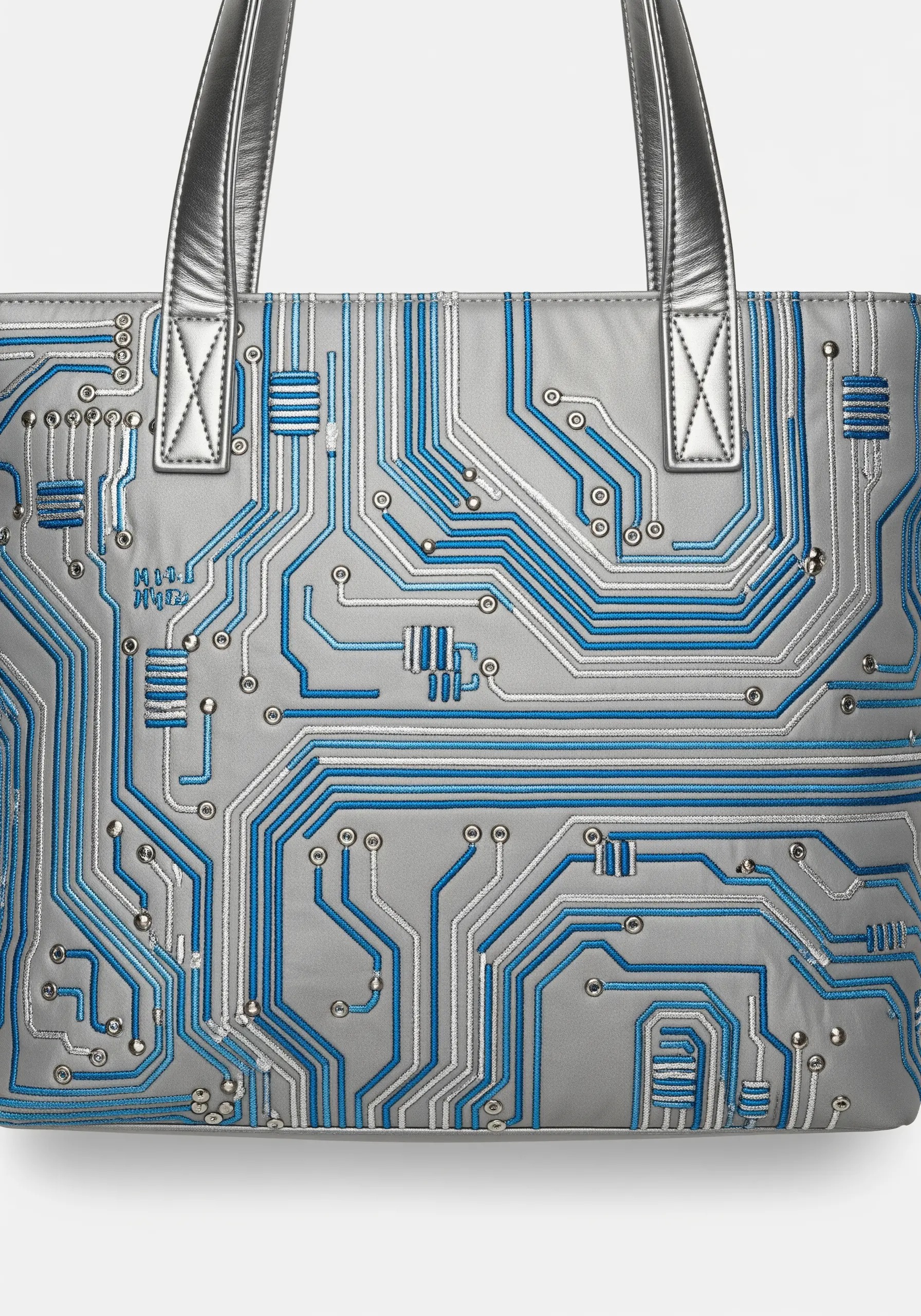 A detailed circuit board pattern embroidered in silver and blue metallic thread on a silver tote bag.