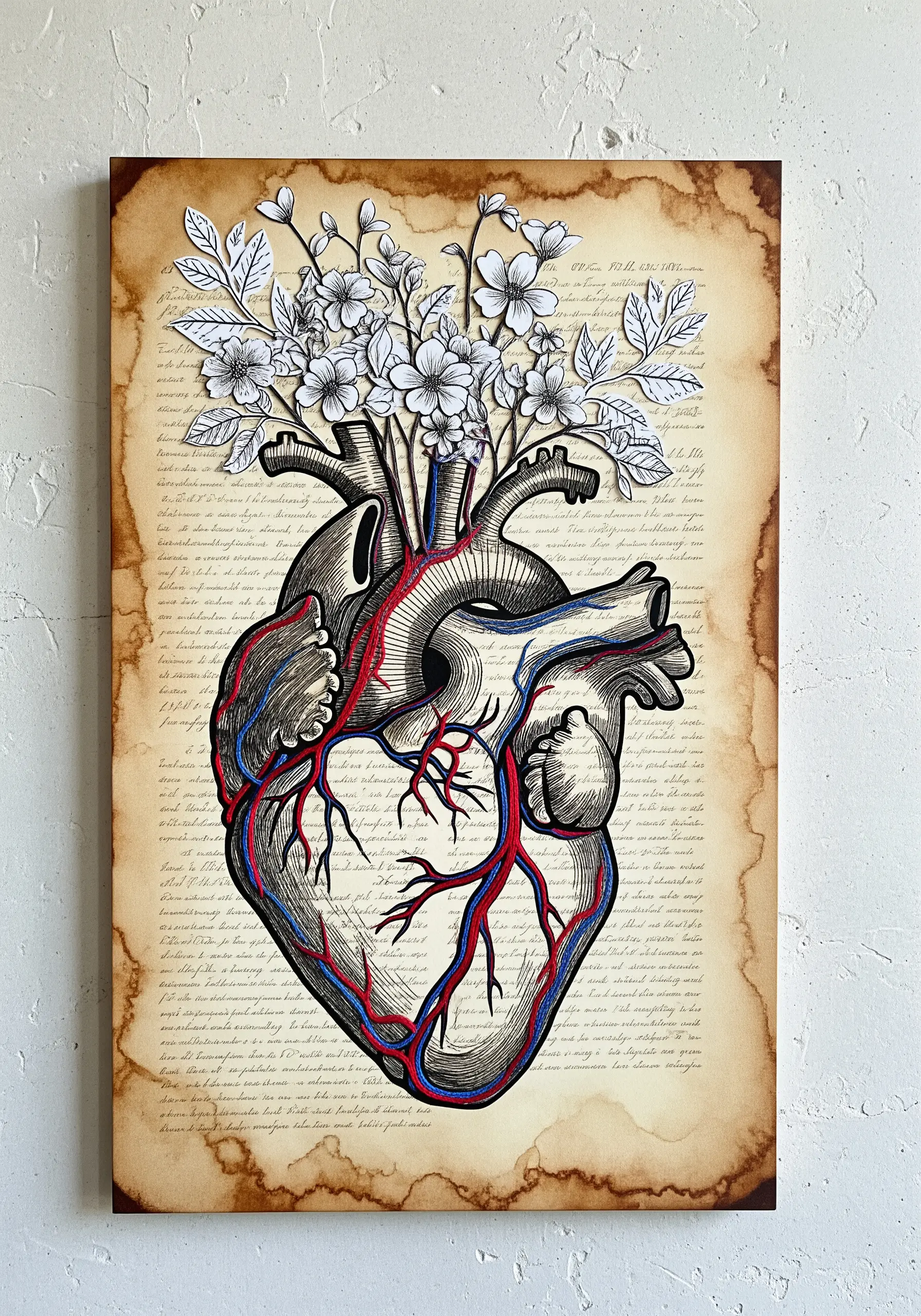 Anatomical heart illustration with red and blue stitched veins and paper flowers blooming from the top.