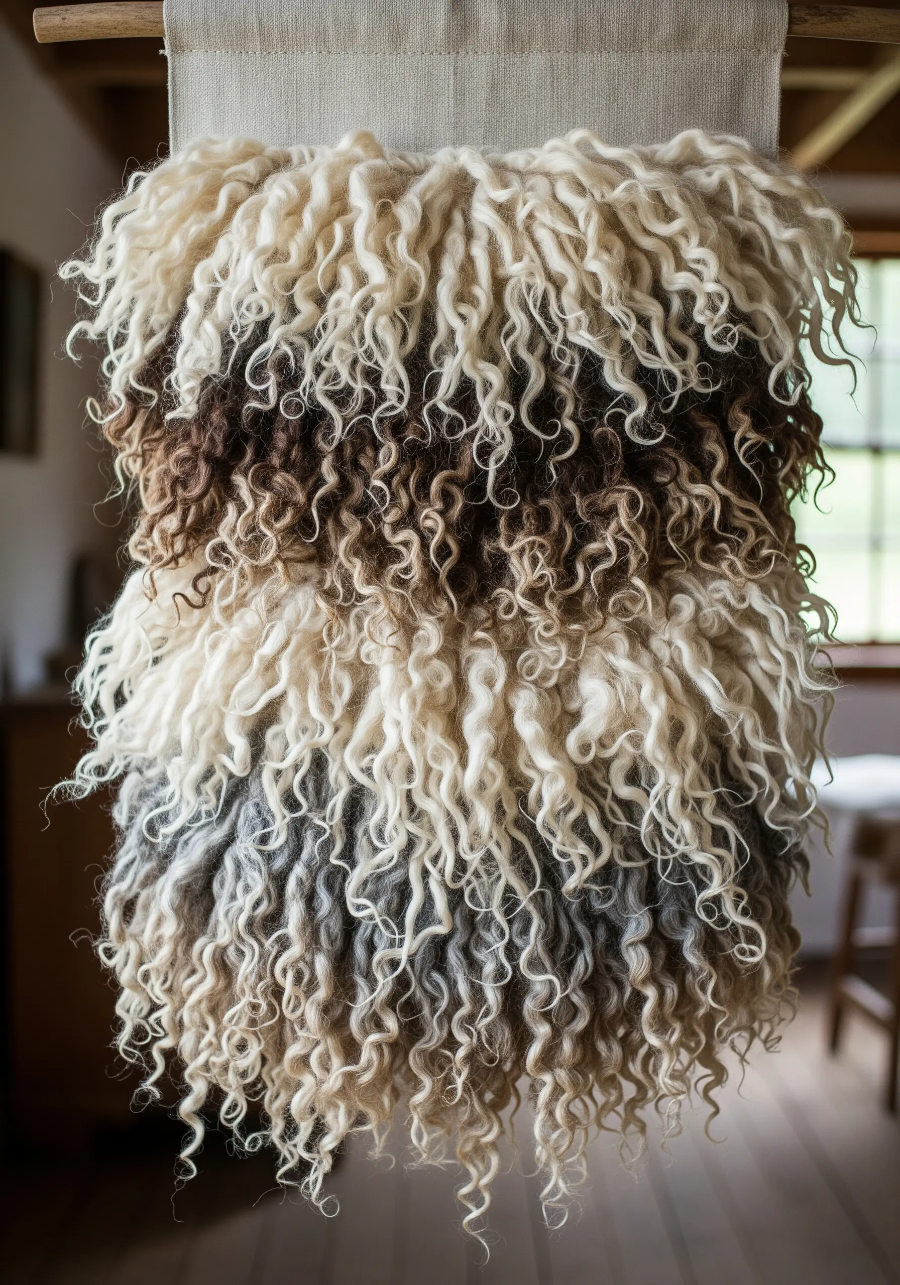 A textural wall hanging made entirely of natural, curly sheep's wool locks.