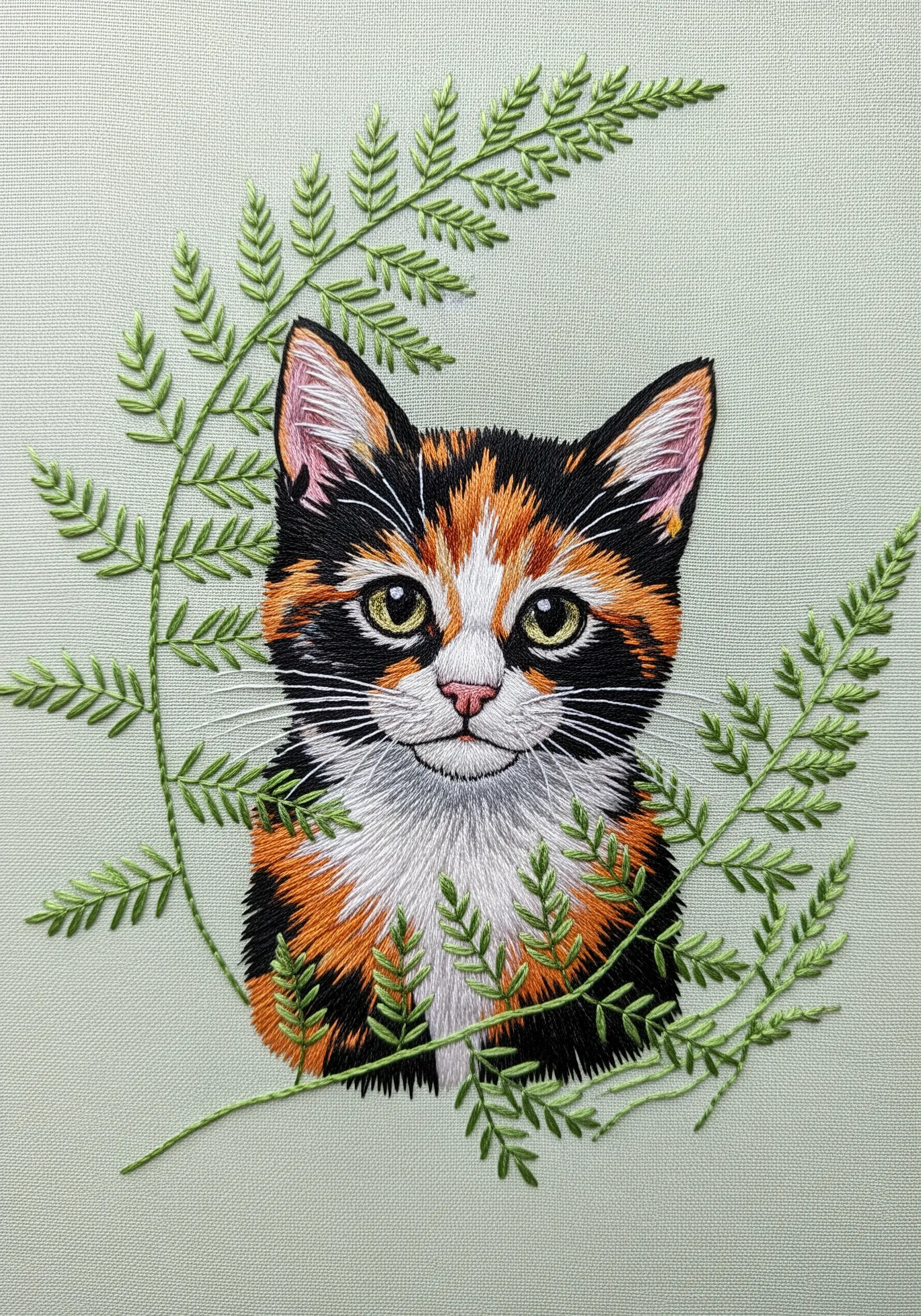 Detailed calico cat portrait framed by delicate green fern embroidery.